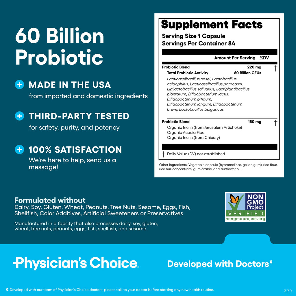 Physician's CHOICE Probiotics 60 Billion CFU - 10 Strains + Organic Prebiotics - Immune, Digestive & Gut Health - Supports Occasional Constipation, Diarrhea, Gas & Bloating - for Women & Men - 84ct Physician's CHOICE Au supplements