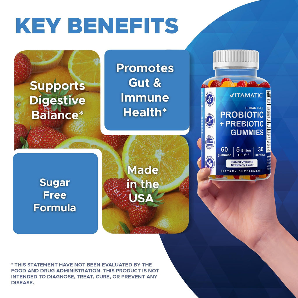 Vitamatic Probiotic Sugar Free Gummies for Men and Women – 5 Billion CFUs Digestive, Immune & Gut Health Support – Gluten Free