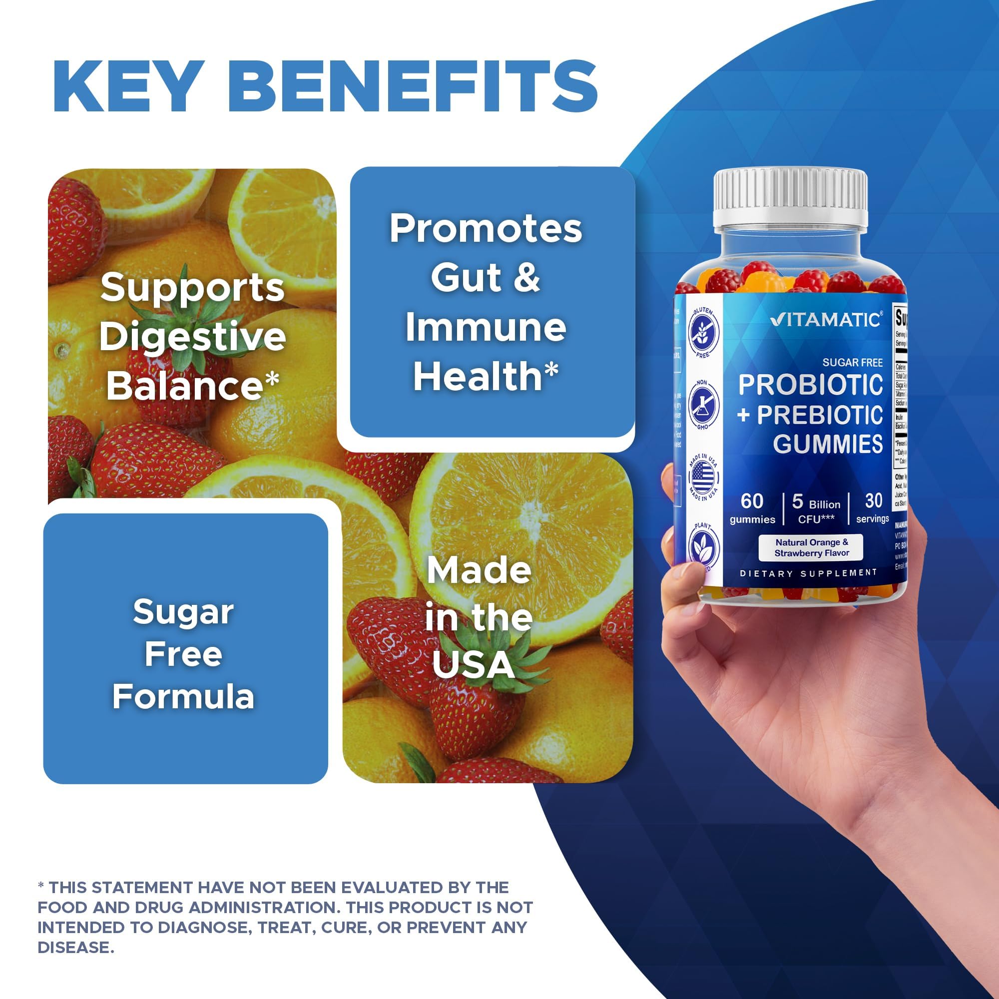 Vitamatic Probiotic Sugar Free Gummies for Men and Women – 5 Billion CFUs Digestive, Immune & Gut Health Support – Gluten Free