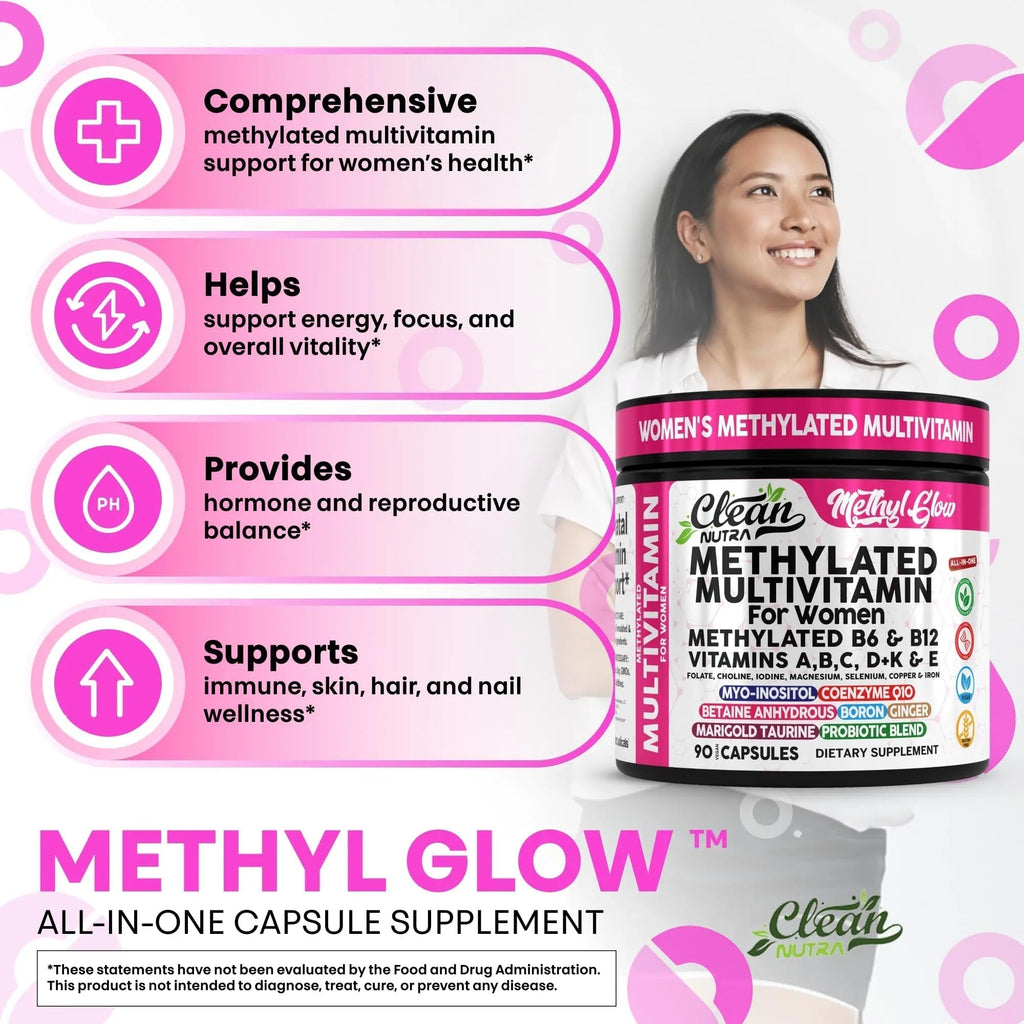 Methylated Multivitamin for Women Vitamins B6 Methyl B12 A B C D K E Folate Choline Omega 3 Thiamine Riboflavin Iron Clean Nutraceuticals Au supplements