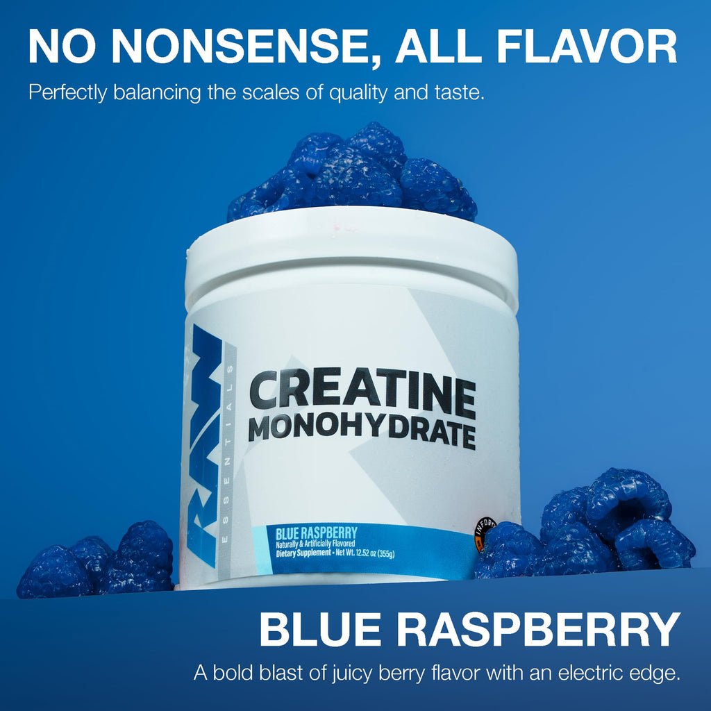 RAW Nutrition Creatine Monohydrate Powder, Blue Raspberry (30 Servings) - Micronized Creatine Monohydrate Supplement for Workout Performance, Build Muscle & Strength