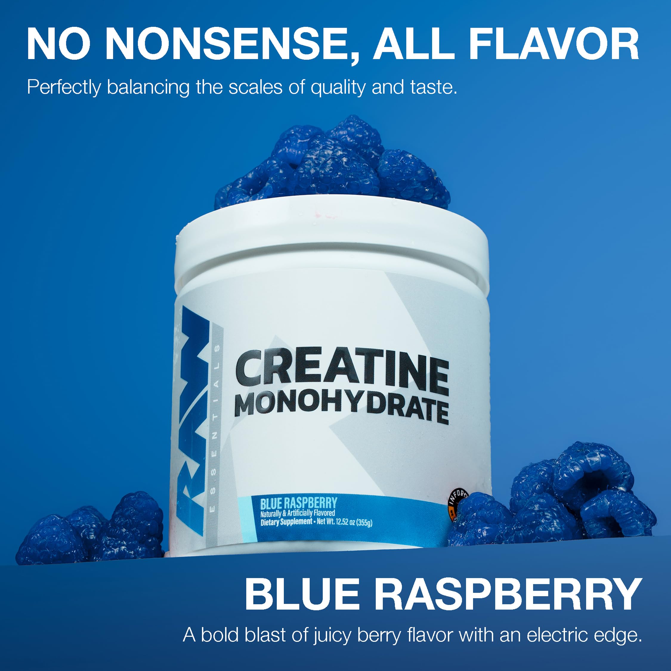RAW Nutrition Creatine Monohydrate Powder, Blue Raspberry (30 Servings) - Micronized Creatine Monohydrate Supplement for Workout Performance, Build Muscle & Strength