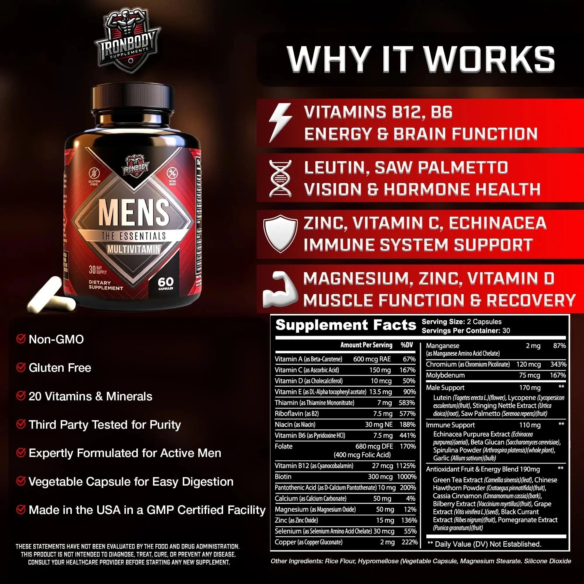 IronBody Supplements, Multivitamin for Men, Vitamins A, B, C, D, E, Zinc. Immune Support, Antioxidant Fruit and Energy Blend. 60 Capsules IronBody Supplements Au supplements