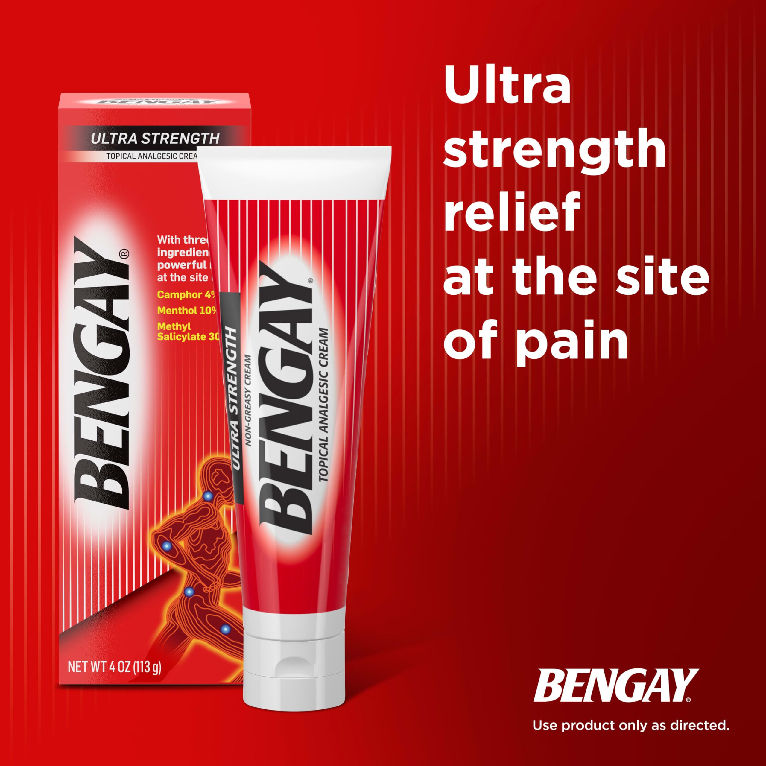 Bengay Ultra Strength Topical Pain Relief Cream, Non-Greasy Topical Analgesic for Minor Arthritis, Muscle, Joint and Back Pain, Camphor, Menthol and Methyl Salicylate, 4 OZ Bengay Au supplements