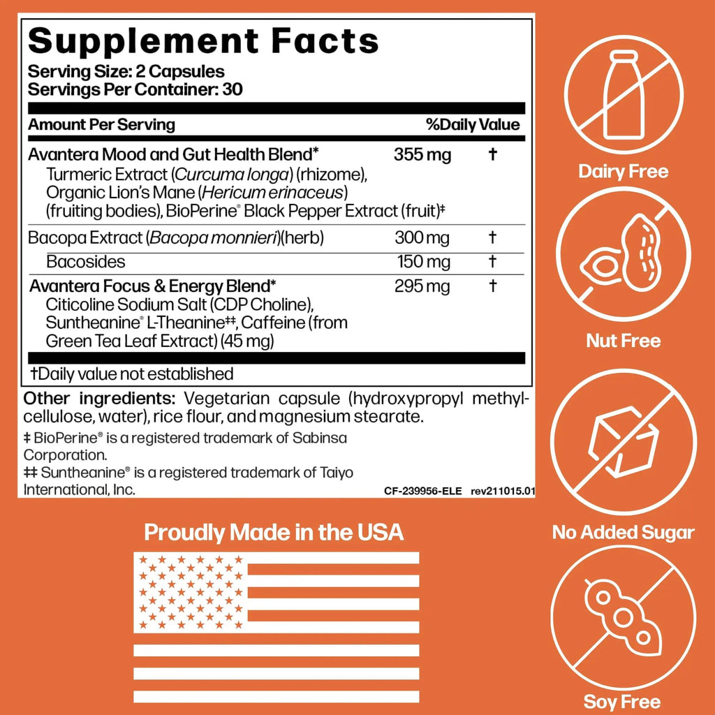 Avantera Premium Nootropic, Elevate | Energy, Focus, Mood, & Gut Health | 30 Day Supply Avantera Au supplements
