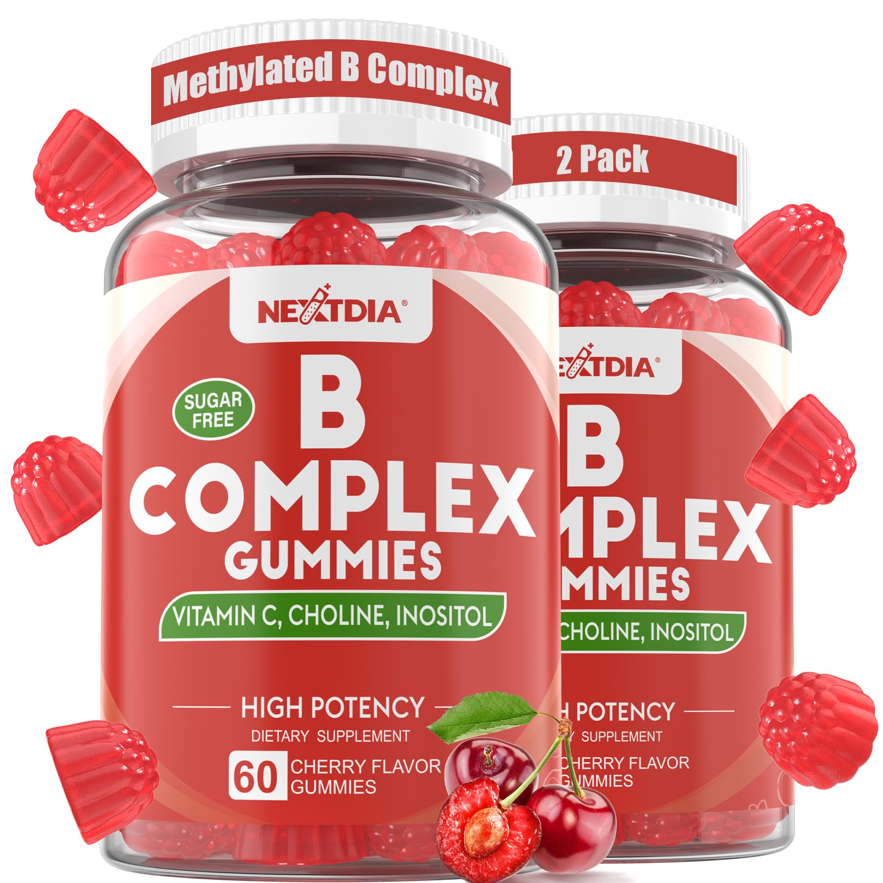 Methylated Vitamin B Complex Gummies 2 Pack, Methyl B12 & Folate with B1, B2, B3, B5, Biotin | Vitamin C, Zinc, Choline & Inositol – B Complex Supplement for Energy