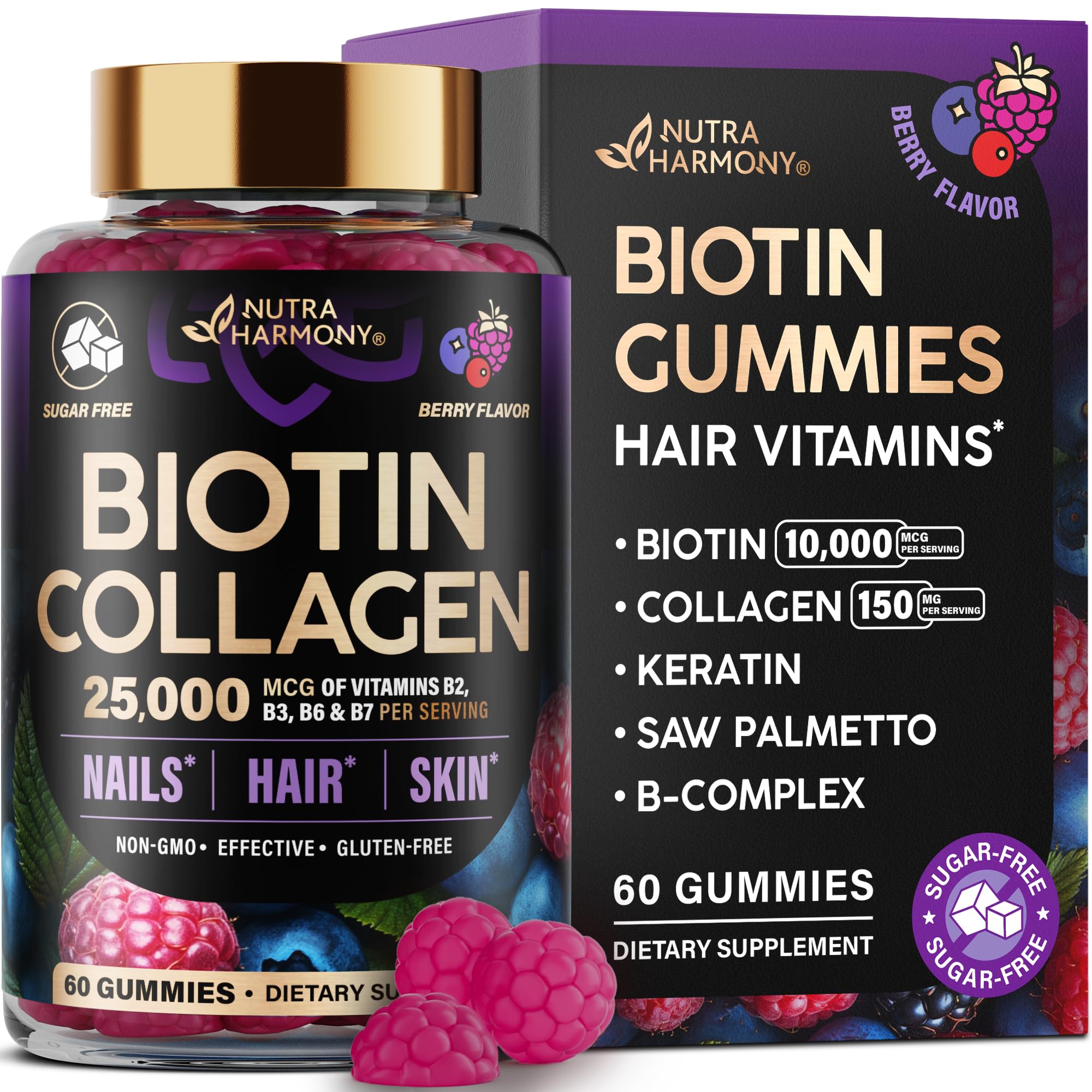 Biotin Gummies with Collagen - Hair Growth Support Skin, & Nail Strength - for Women & Men - Biotin 10000mcg | Keratin | Hyaluronic Acid | B-Complex | Saw Palmetto