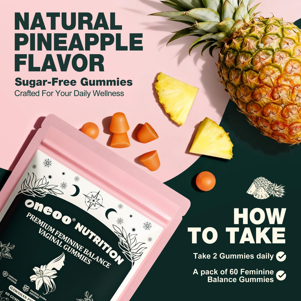 Oneoo Feminine Balance Gummies - Premium Balance Gummies for Women's pH Health, Feminine Gummy for Immune & Energy Support, Vegan, Gluten-Free, Hawaiian Pineapple, 60 Count Oneoo Au supplements
