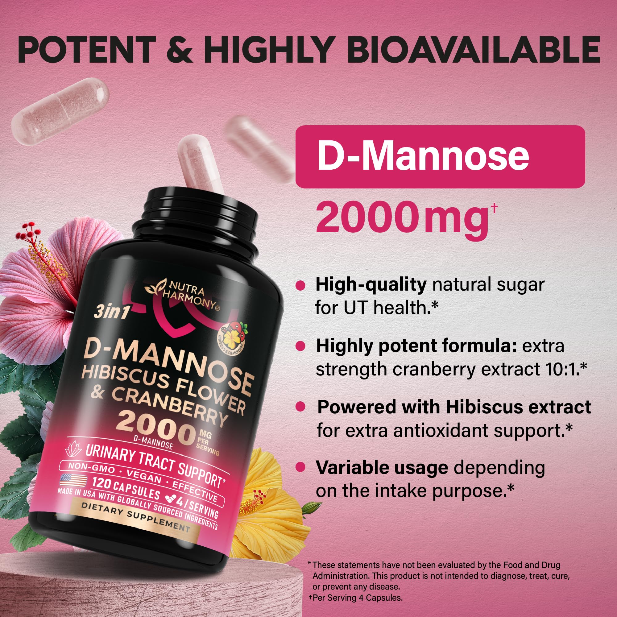D-Mannose 2000mg with Cranberry & Hibiscus - Clinically Tested Strength for Urinary Tract Health - Supplement for Women - Bladder, Liver & Microflora Support - Made in USA - Vegan, 120 Capsules NUTRAHARMONY Au supplements