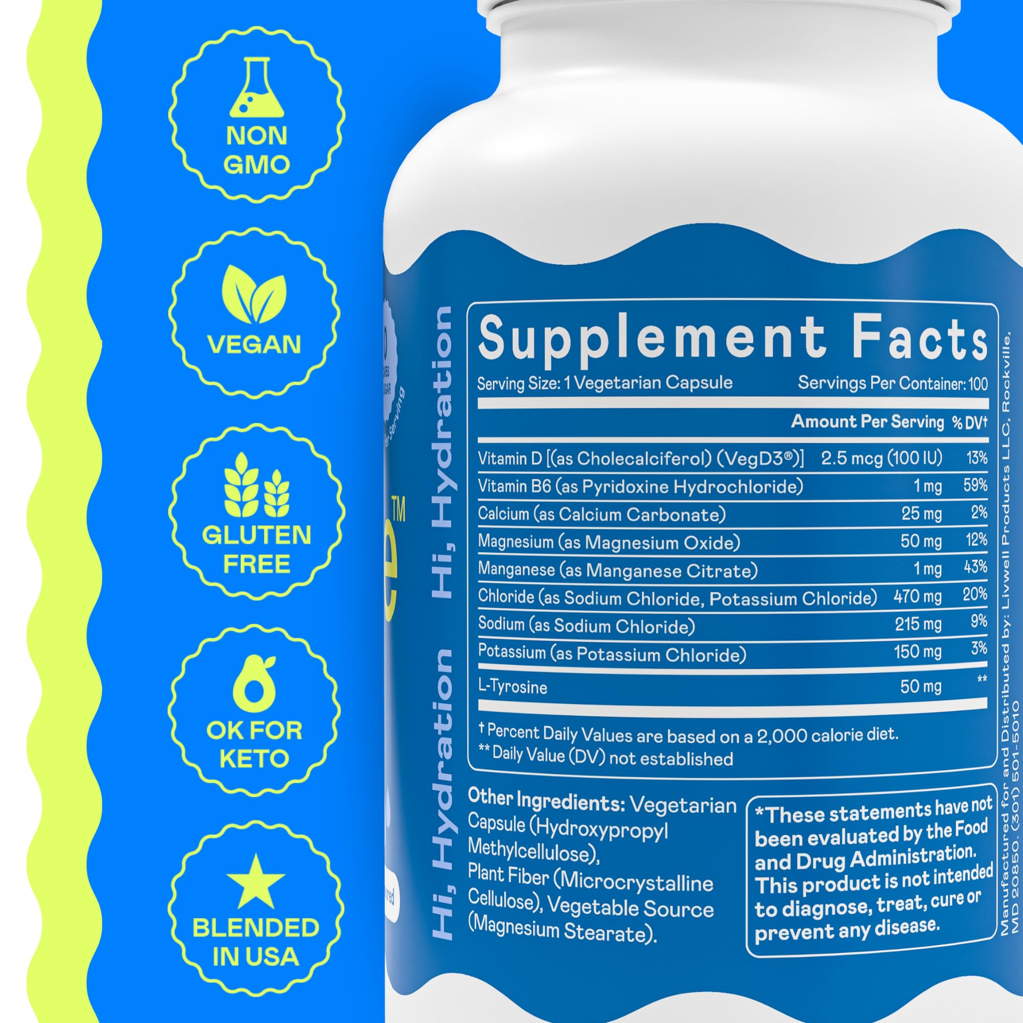 Hi-Lyte Unflavored Electrolyte Capsules - Hydration Support Supplement Tablets - Sodium, Potassium, Magnesium - 100 Servings