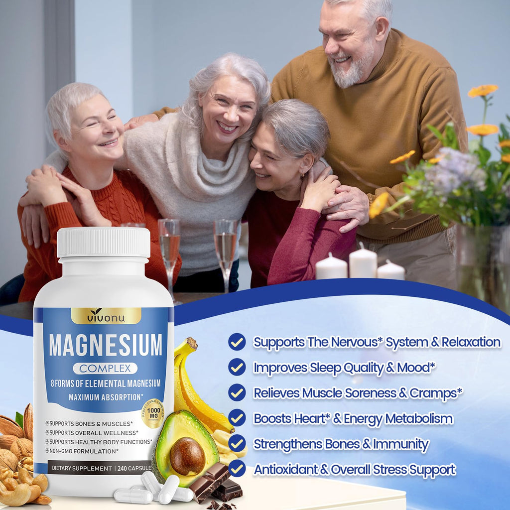 1000mg Magnesium Complex Capsules, 8-in-1 Magnesium Glycinate, Citrate, Malate, Taurate, Oxide, Carbonate, Aspartate, Orotate - 240 Capsules VivoNu Au supplements