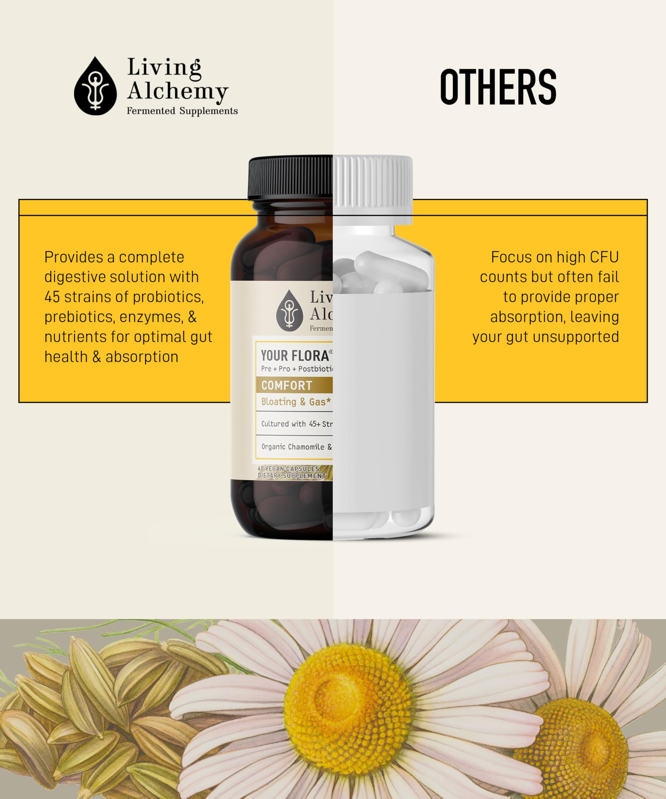 Your Flora Probiotic Comfort – Non-GMO Probiotics with Fermented Soybean, Chamomile, Fennel, Prebiotics, Digestive Enzymes for Digestion & Bloating – Prebiotics, Postbiotics – Living Alchemy, 60 Pcs Living Alchemy Au supplements