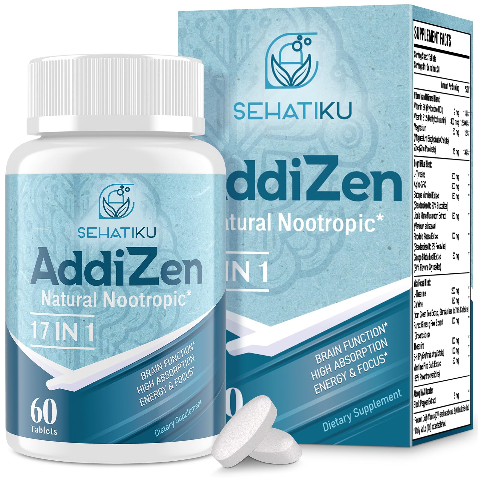 17-in-1 Brain Supplement for Memory and Focus | Natural Nootropics Brain Supplement for Brain Cognition, Energy | High Absorption | L-Theanine, Phytonutrient Blend and Vitamins B6, B12 | 60 Tablets SehatiKu Au supplements