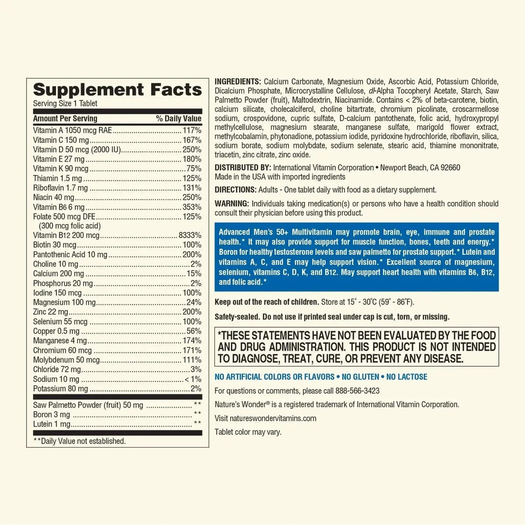 Nature's Wonder Advanced Men's 50+ Multivitamin/Multimineral Supplement with Vitamin D3 and B Vitamins 120 Tablets, 120 Day Supply Nature's Wonder Au supplements