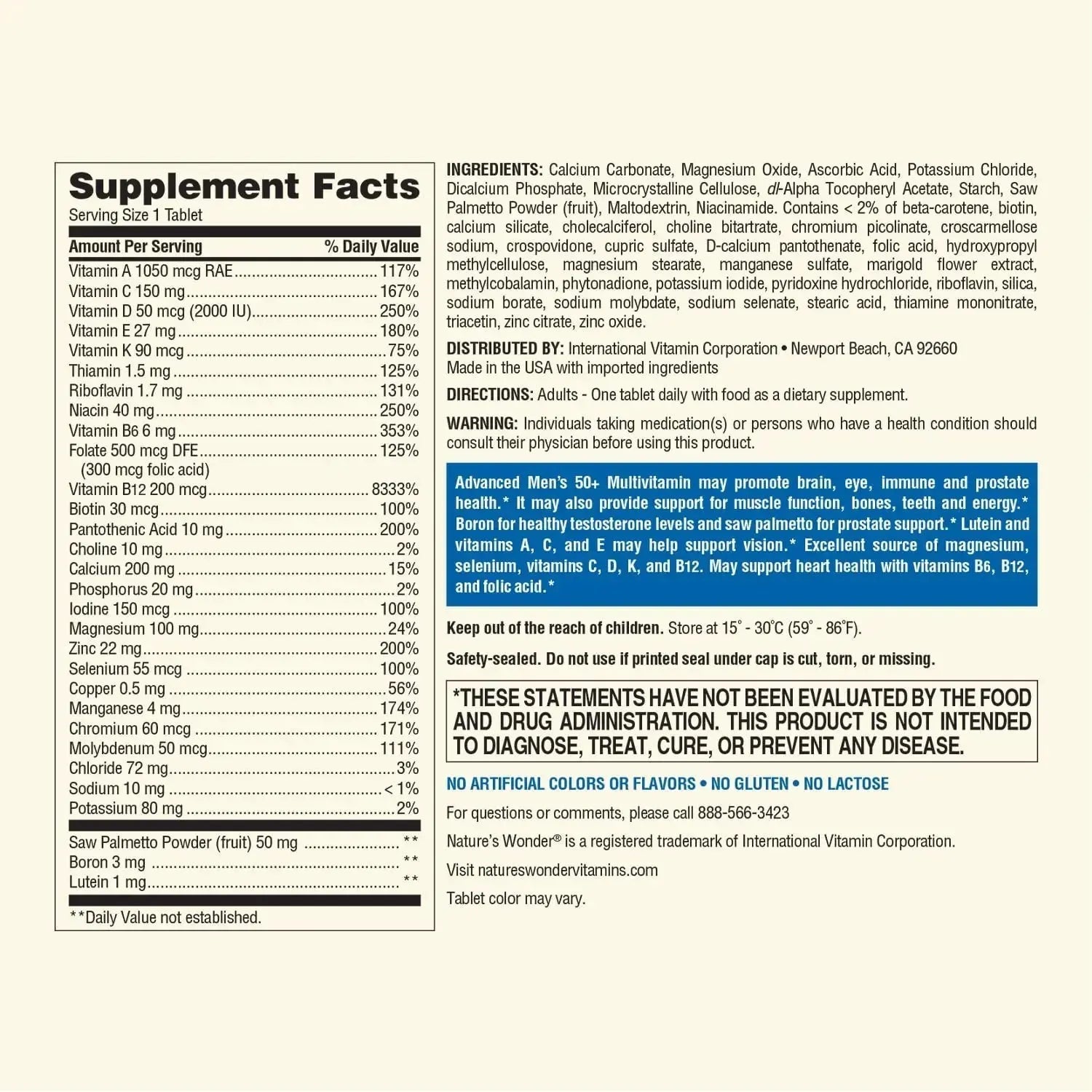 Nature's Wonder Advanced Men's 50+ Multivitamin/Multimineral Supplement with Vitamin D3 and B Vitamins 120 Tablets, 120 Day Supply Nature's Wonder Au supplements