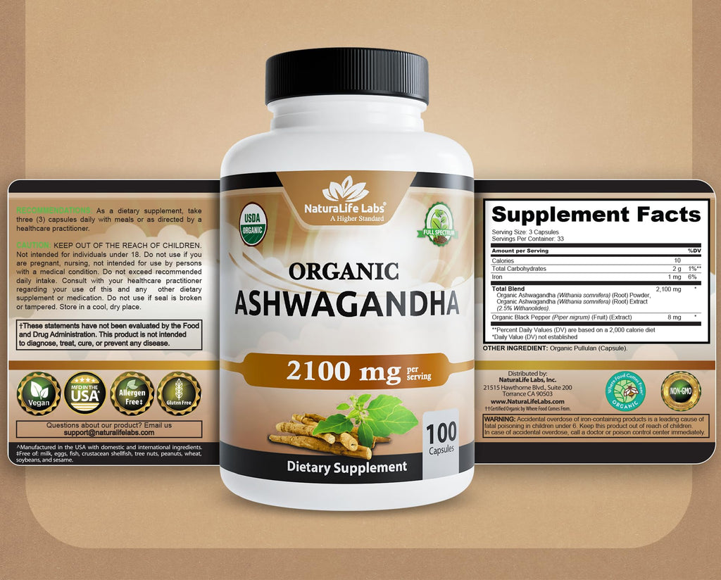 NaturaLife Labs Organic Ashwagandha 2100 mg per Serving – Herbal Supplement Root Powder & Extract – 100 Capsules – Vegan, Non-GMO, Gluten-Free