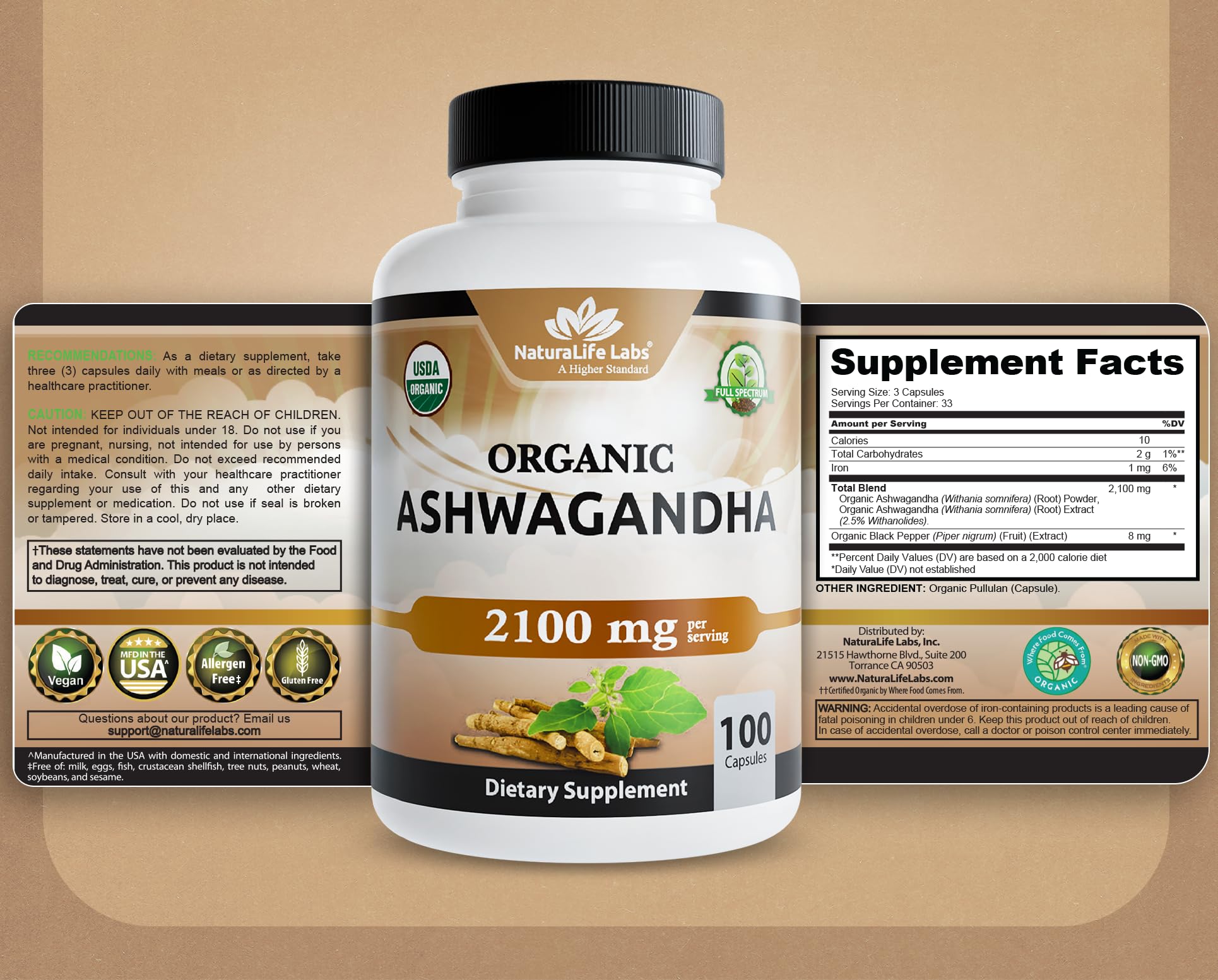 NaturaLife Labs Organic Ashwagandha 2100 mg per Serving – Herbal Supplement Root Powder & Extract – 100 Capsules – Vegan, Non-GMO, Gluten-Free