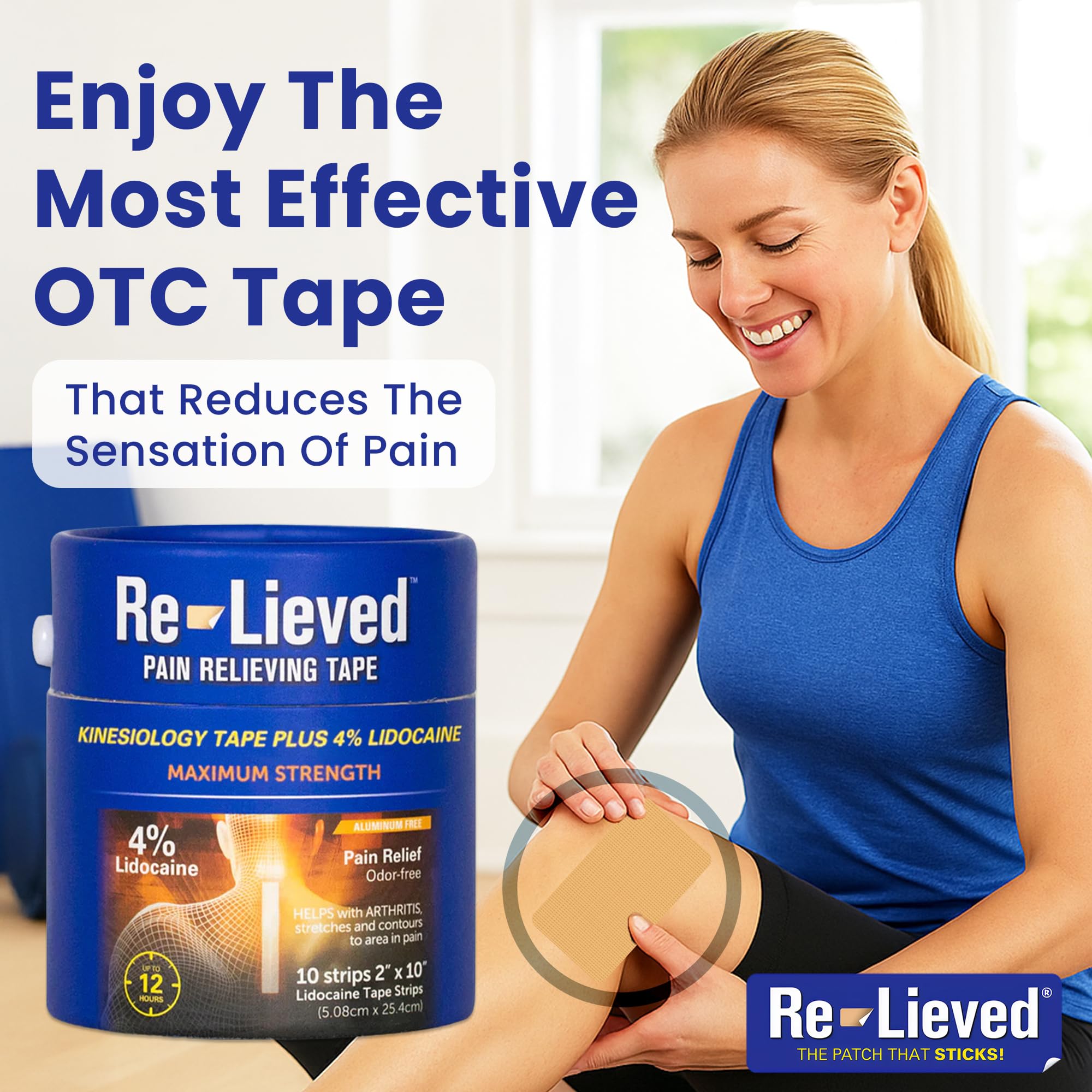 4% Lidocaine Maximum Strength Pain Relief Kinesiology Tape - Relieves Back, Joints and Muscle Pains - Superior Sticking, Aluminum-Free Water Resistant, and USA Made - 2" x 10" Strips Re-lieved Au supplements