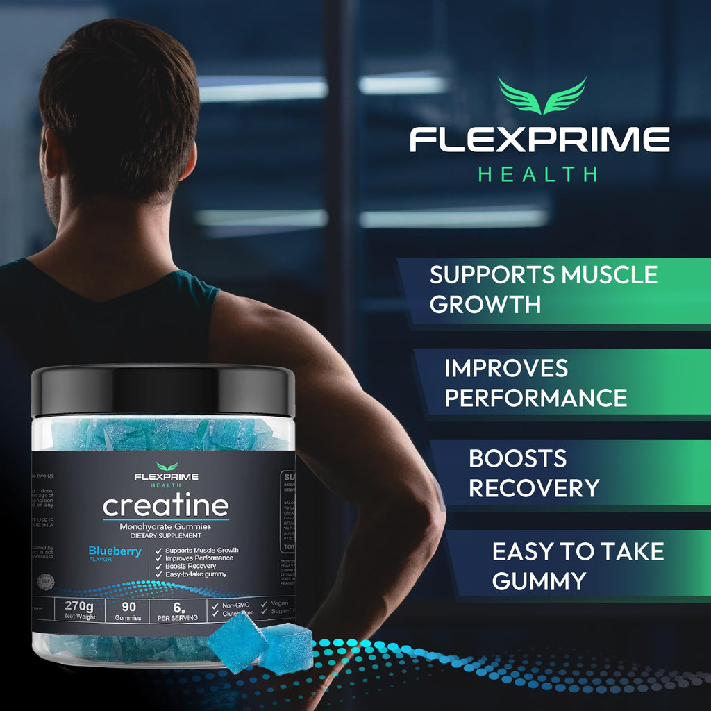 FlexPrime Creatine Gummies Sugar Free - 6g Creatine Monohydrate + L-Taurine, Alpha GPC, Betaine | Vegan Halal Blueberry Chews for Lean Muscle, Strength, Brain Health | Men Women 90 Count FlexPrime Au supplements