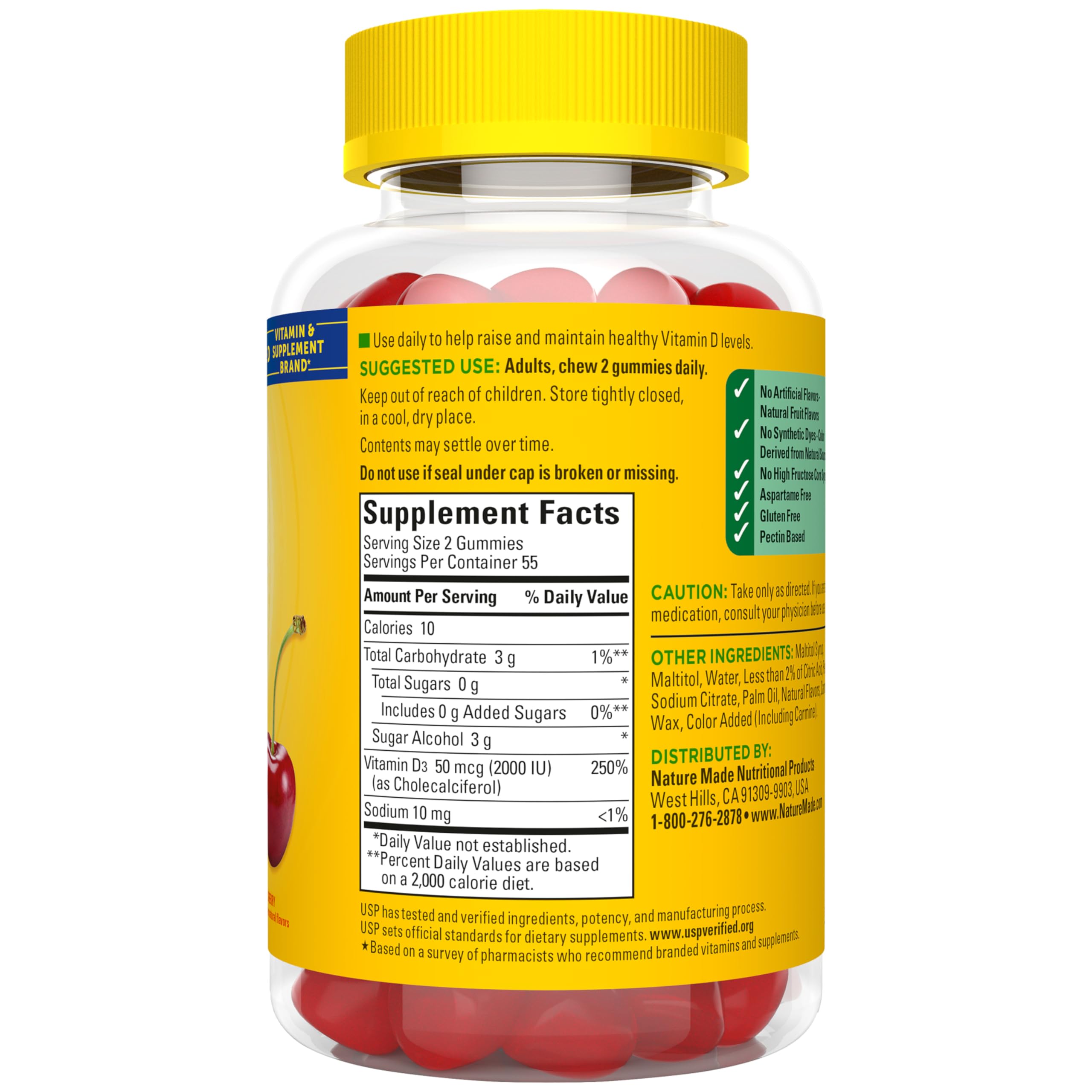 Nature Made Zero Sugar Vitamin D3 Gummies 2000 IU (50 mcg) Per Serving, Bone & Immune Support, Aspartame Free