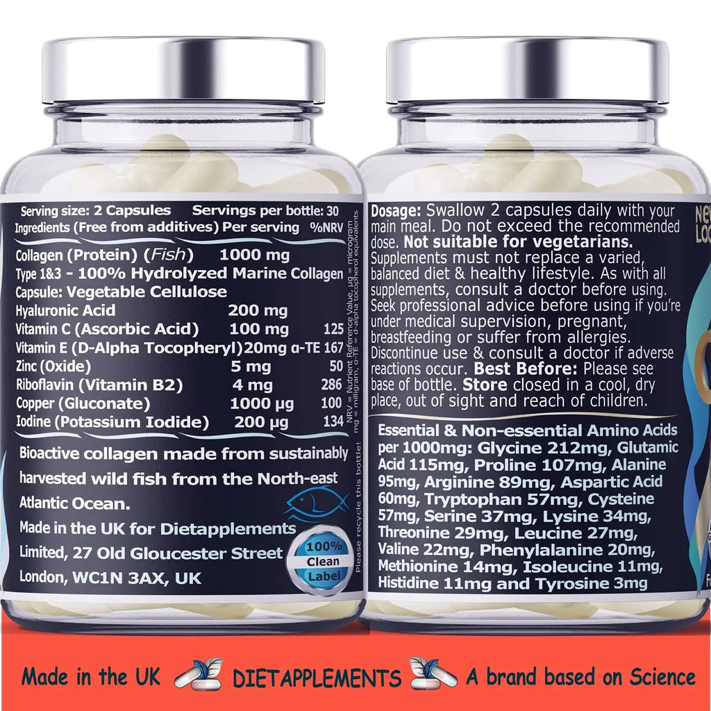Marine Collagen Type 1&3 1000mg, Hyaluronic Acid 200mg/serving; Vitamin C, Zinc, Copper for Immune System Dietapplements Au supplements