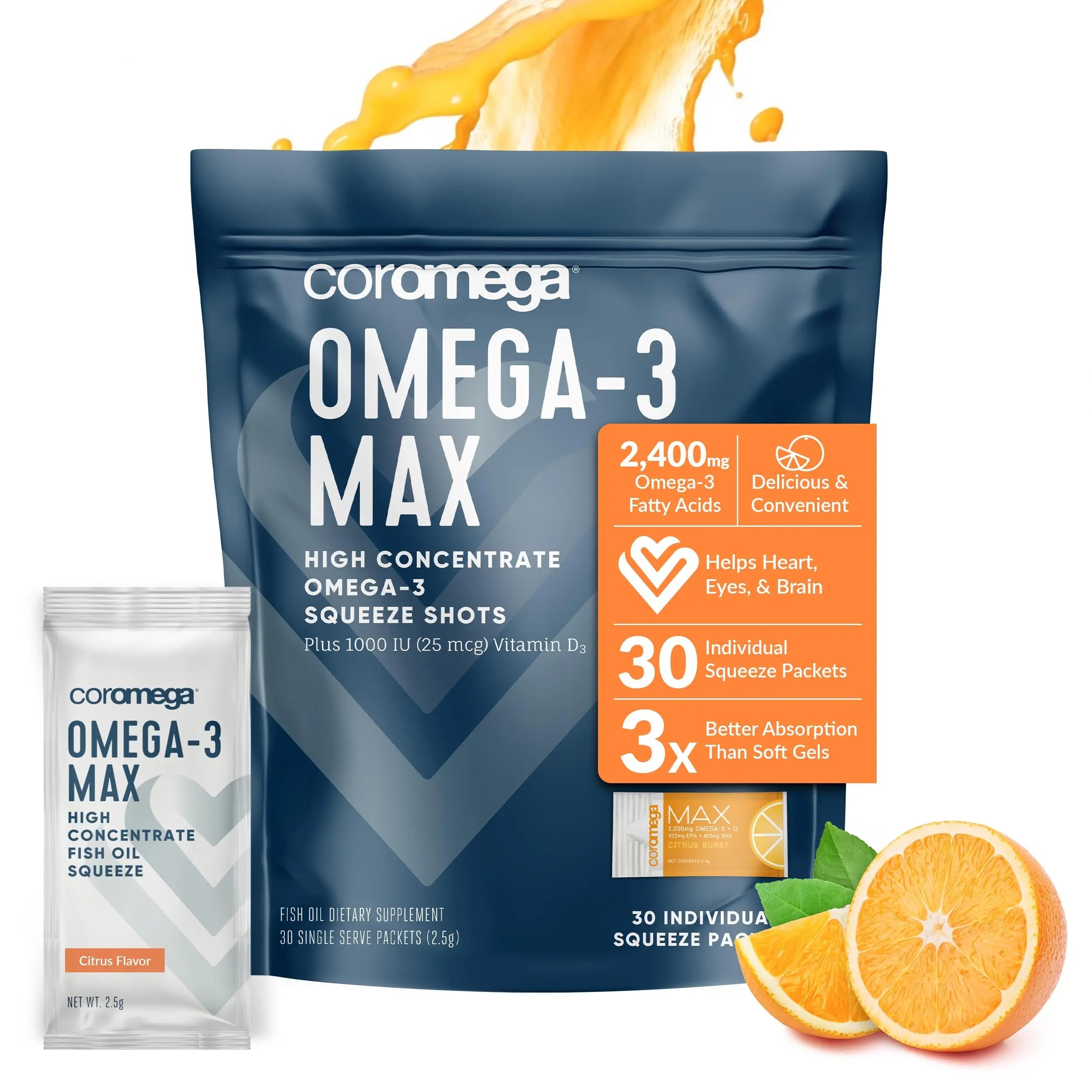 Coromega MAX High Concentrate Omega 3 Fish Oil, 2400mg Omega-3s with 3X Better Coromega Au supplements