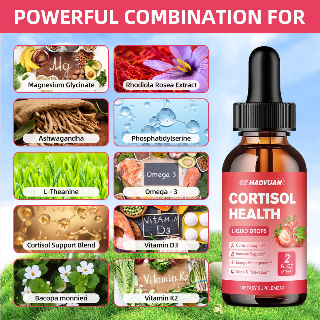 GZ HAOYUAN Cortisol Supplement Liquid Drops for Women and Men with Magnesium, Ashwagandha, L-theanine, Phosphatidylserine for Lower Cortisol, Calm, Mood, Sleep Support - 2 FL.OZ, Strawberry GZ HAOYUAN Au supplements