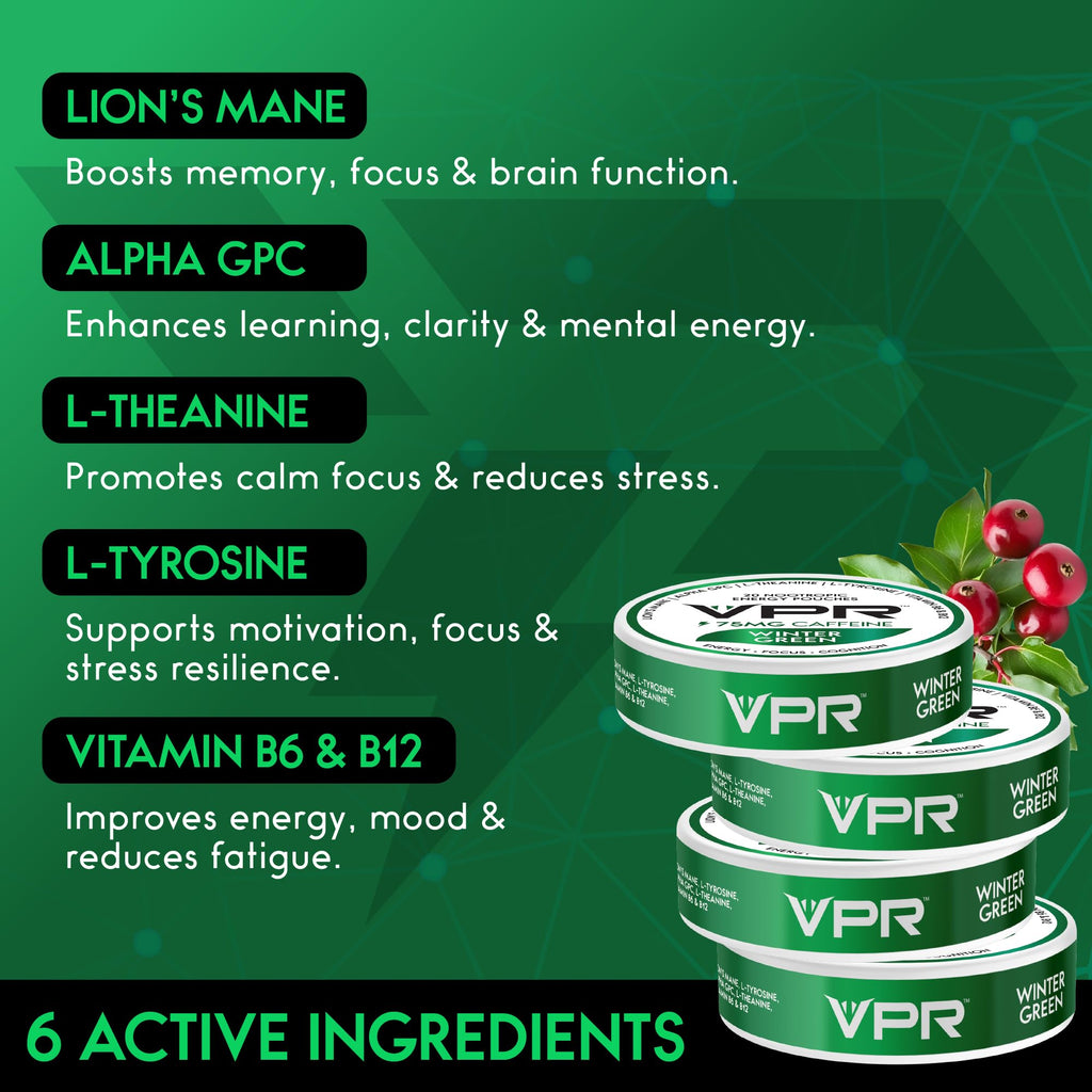 VPR 75MG Caffeine Nootropic Pouches | 20 Count Energy Pouches with Lion's Mane, Alpha-GPC, Vitamin B6 & B12, L-Theanine, and L-Tyrosine | Naturally Flavored Focus Pouches with No Sugar (Variety Pack) VPR Energy Au supplements