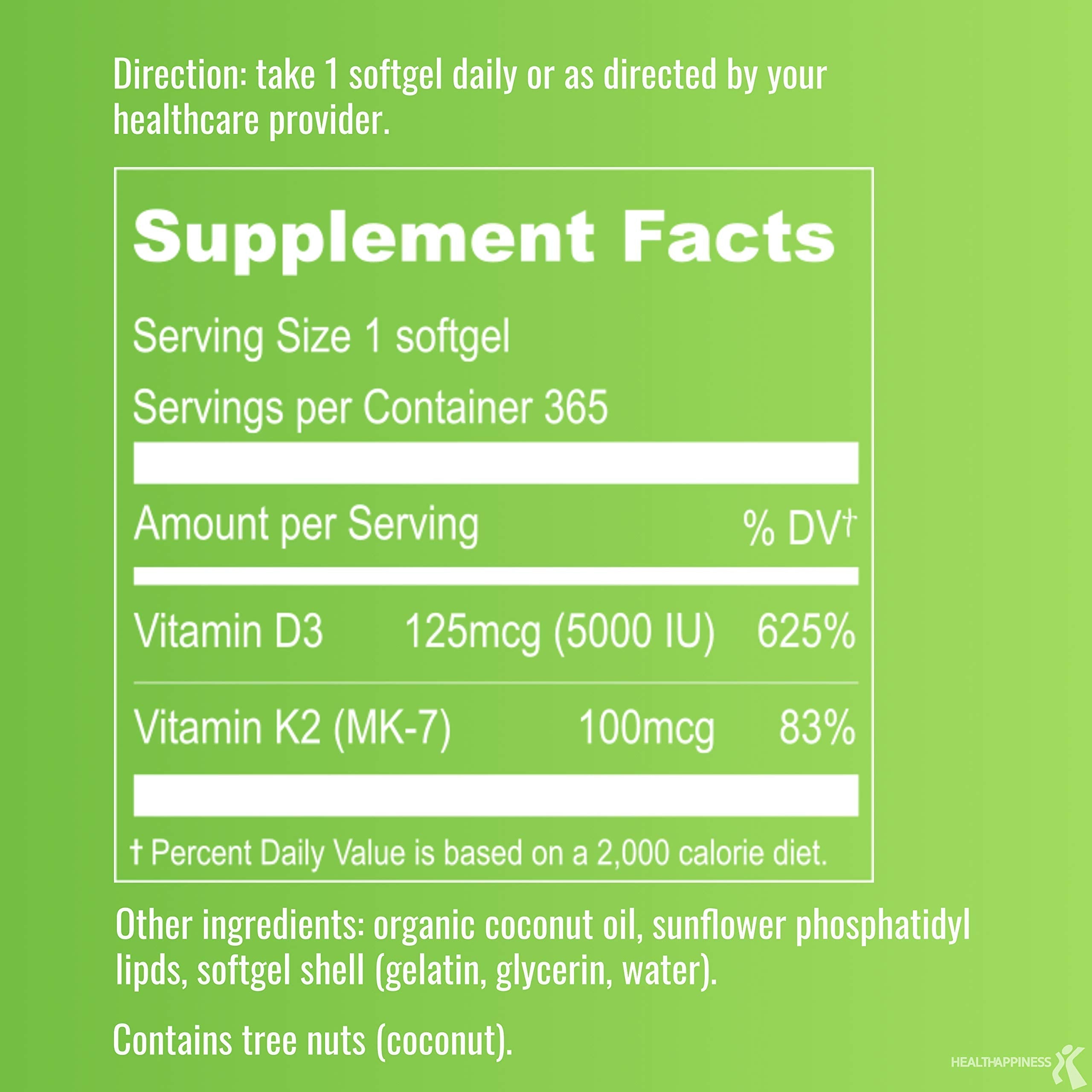 UpNourish Liposomal D3 K2 MK-7 – 365 Mini softgels with Organic Coconut Oil - 5000 IU 125 mcg Vitamin D3 and 100 mcg Vitamin k2