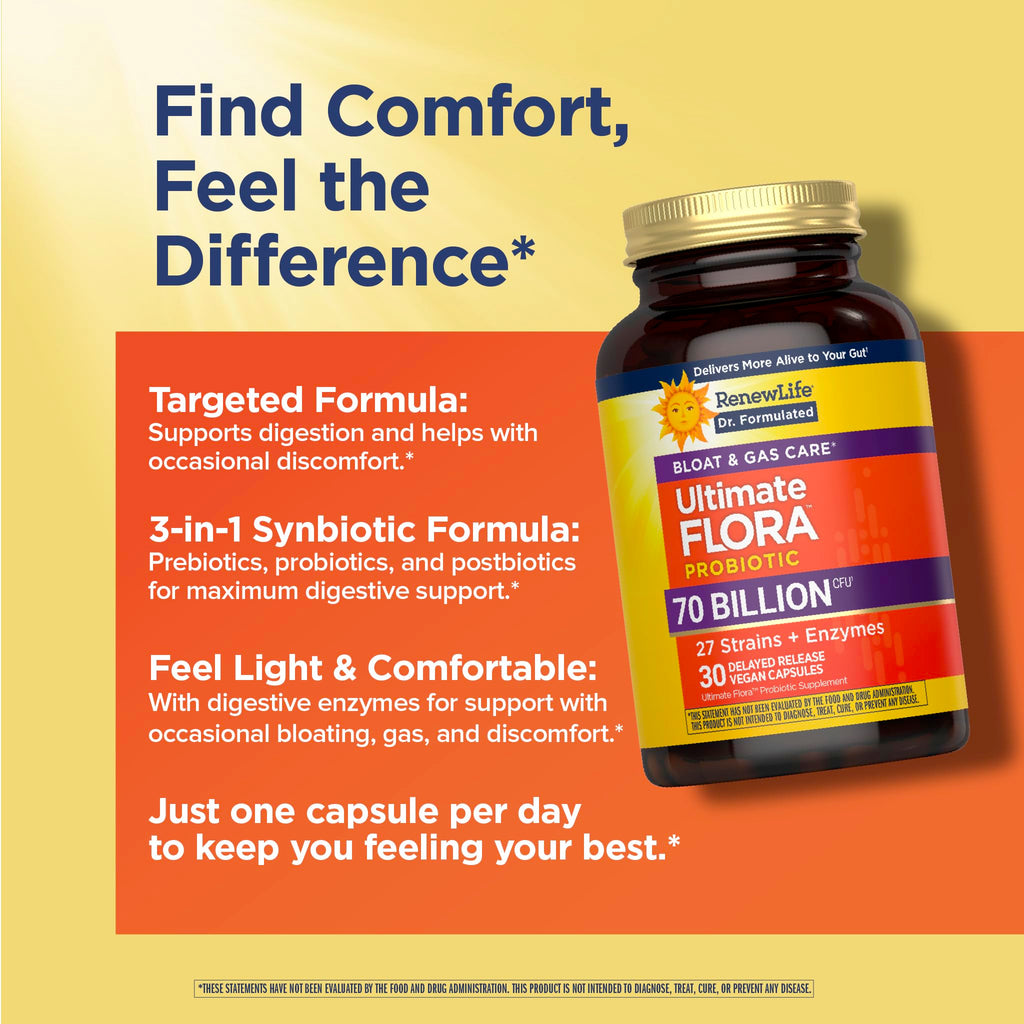 Renew Life Ultimate Flora Probiotics Bloat & Gas Support 70 Billion CFU Delayed Release Vegan Capsules | Doctor Formulated | Digestive Health | Immune Health | Dairy Free | 30 Count Renew Life Au supplements