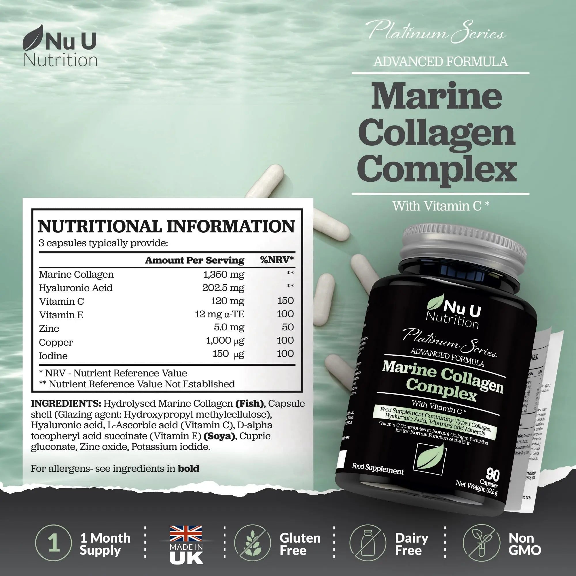 Marine Collagen with Hyaluronic Acid, Vitamin C - 90 Hydrolysed Capsules (not Tablets) - Premium High Strength Collagen Nu U Nutrition Au supplements
