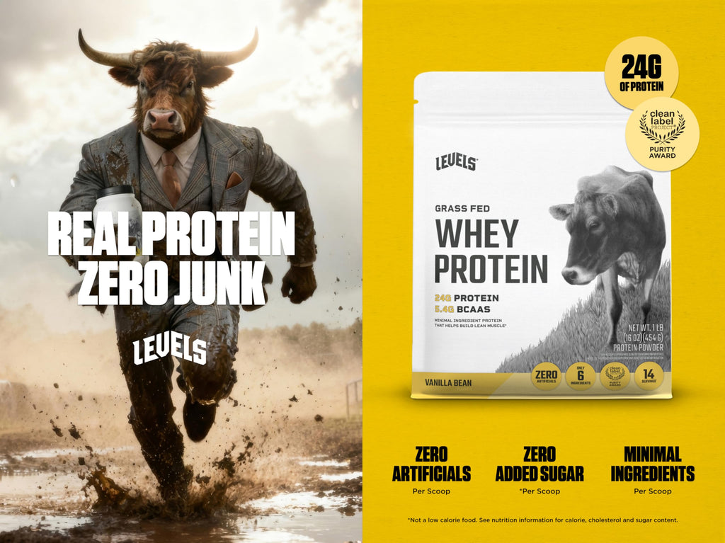 Levels Grass Fed Whey Protein Powder, No Artificials, 24G of Protein, Vanilla Bean, 1LB