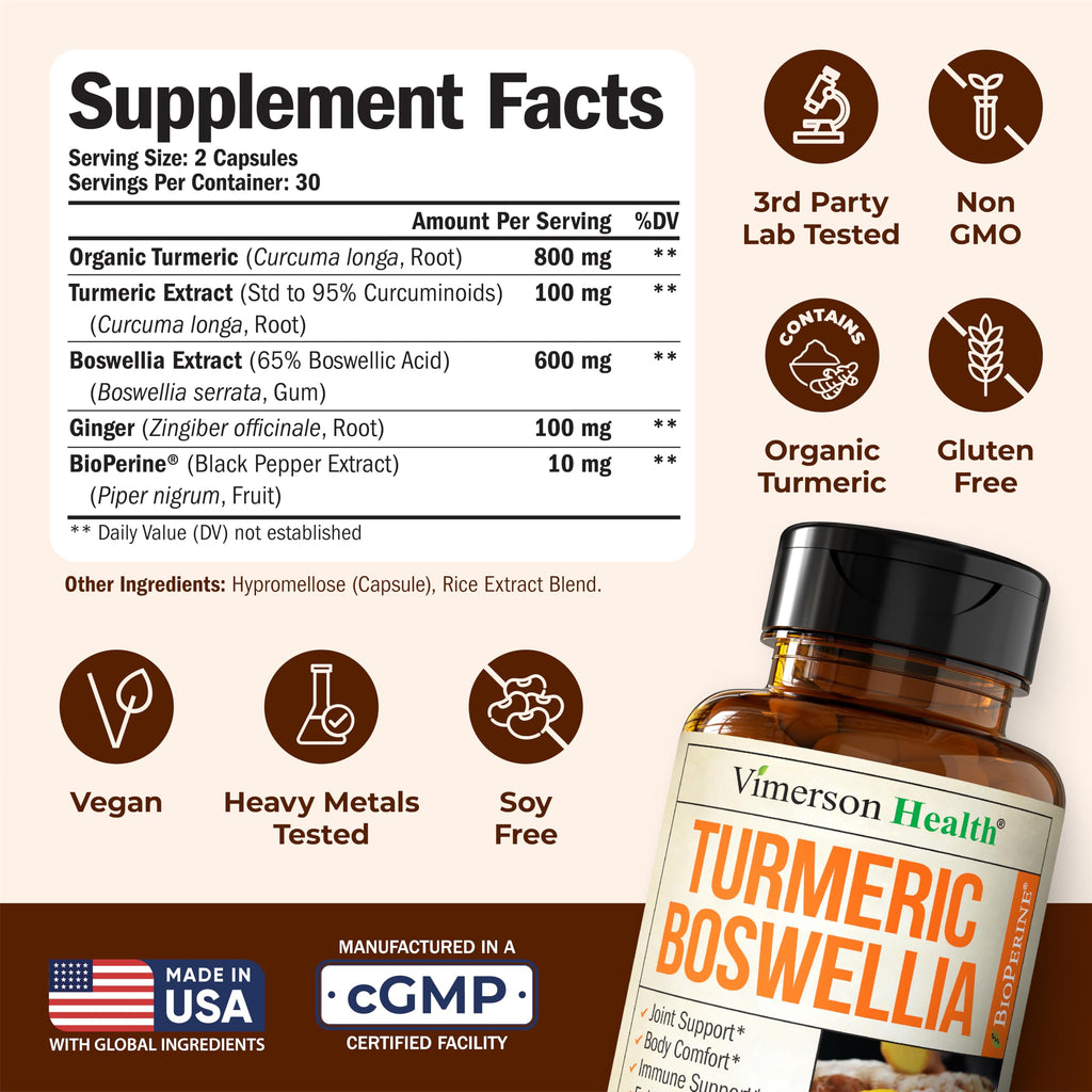 Turmeric Supplement w/Boswellia Serrata – Daily Support for Joint Health & Comfort – Organic Turmeric Curcumin Powder, Bioperine for Enhanced Absorption & Ginger Root – 60 Boswellia Extract Capsules Vimerson Health Au supplements
