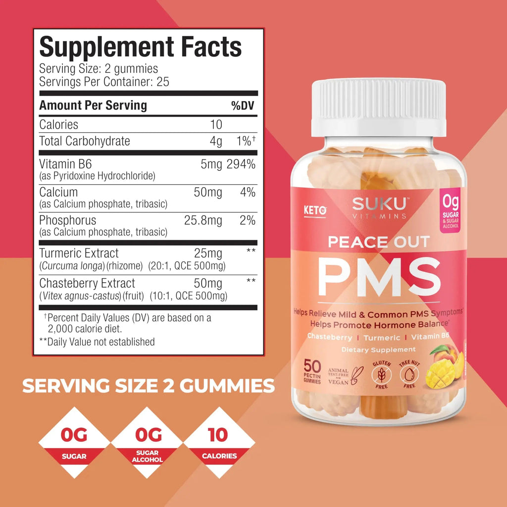SUKU Vitamins - PMS Gummy Supplement with Chasteberry to Relieve PMS and Menopause Peach Mango Gummies (50 Count) SUKU Au supplements