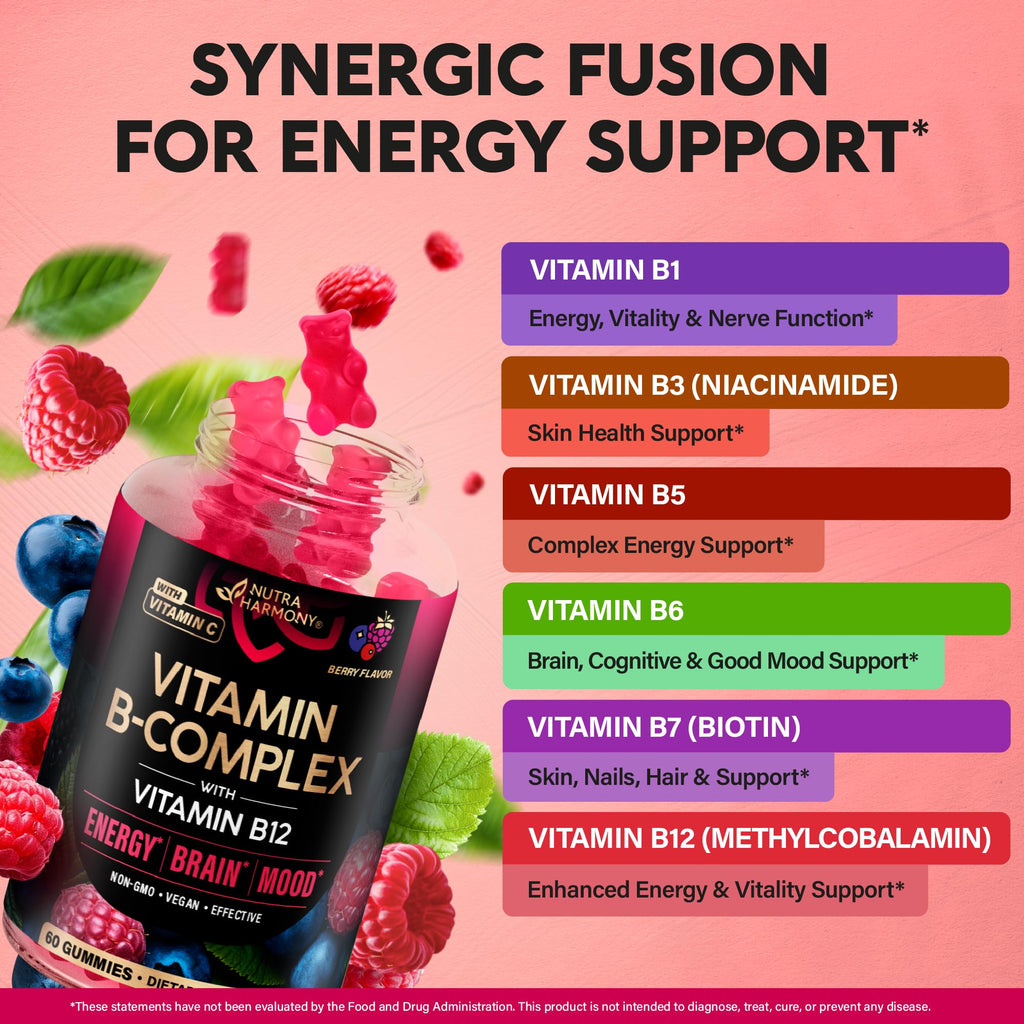 Vitamin B-Complex Gummies for Women & Men - Vitamin B12, B1, B2, B3, B5, B6, B7 & B9 - B Complex with Vitamin C & Choline - Energy, Brain & Mood