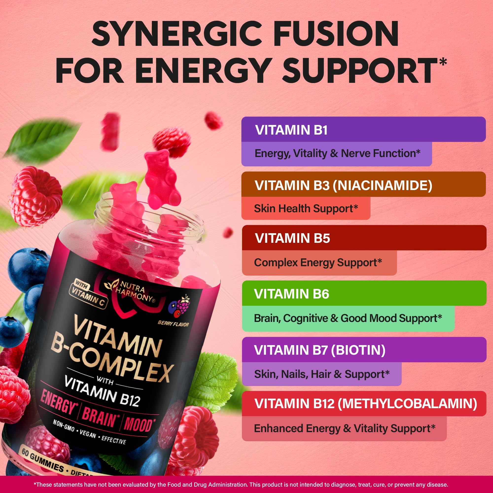 Vitamin B-Complex Gummies for Women & Men - Vitamin B12, B1, B2, B3, B5, B6, B7 & B9 - B Complex with Vitamin C & Choline - Energy, Brain & Mood