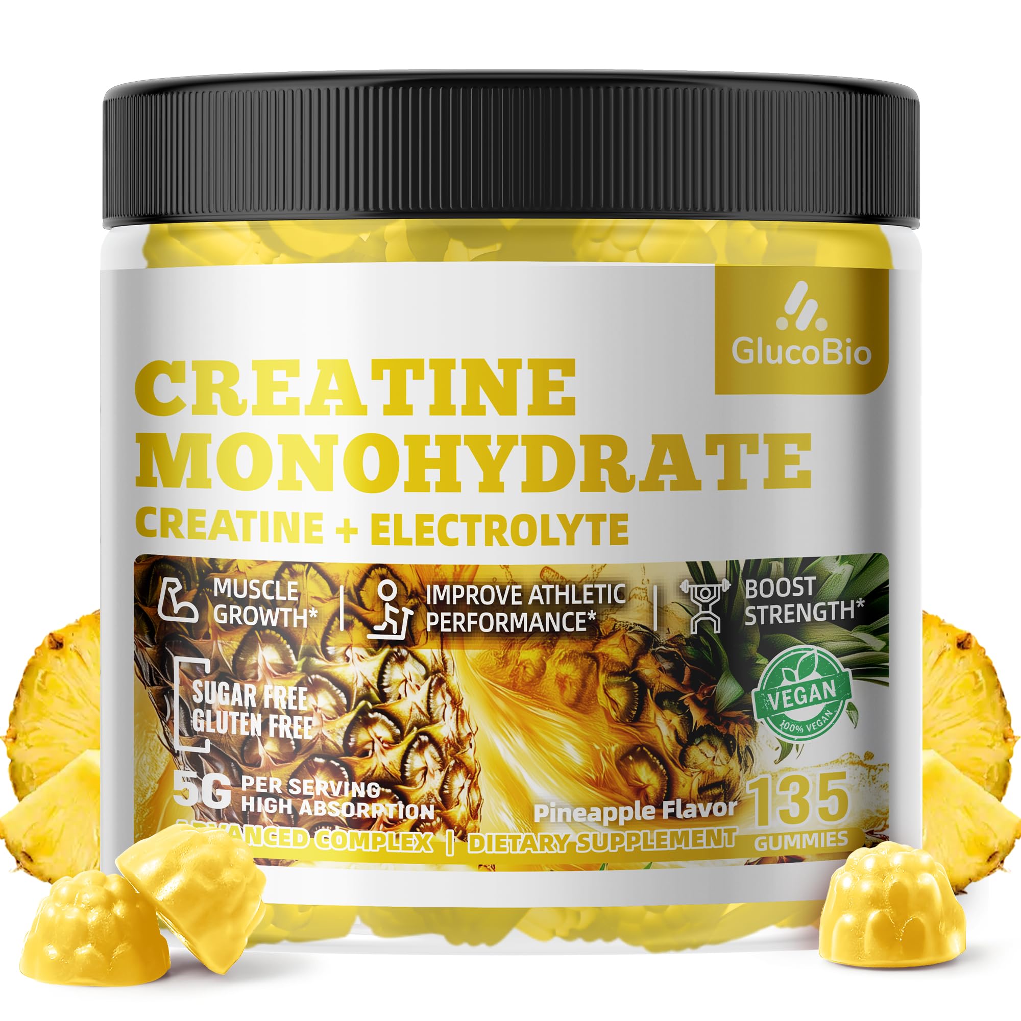 GlucoBio Creatine Monohydrate Gummies (5g) – Pre-Workout Energy & Muscle Growth Support for Men & Women | Pineapple Electrolyte Gummies (135 Count)