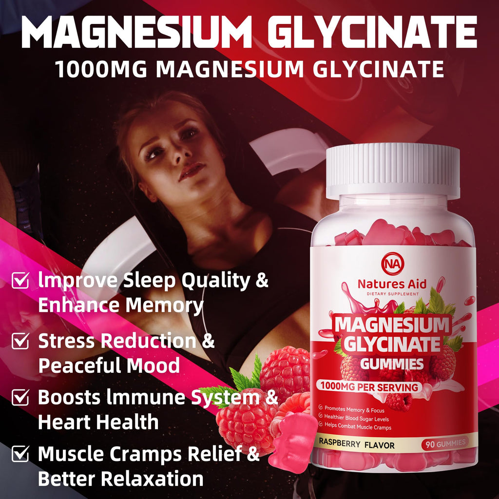Natures Aid Magnesium Glycinate Gummies 1000mg - Sugar Free Magnesium Potassium Supplement with Vitamin D, B6, CoQ10 for Calm Mood