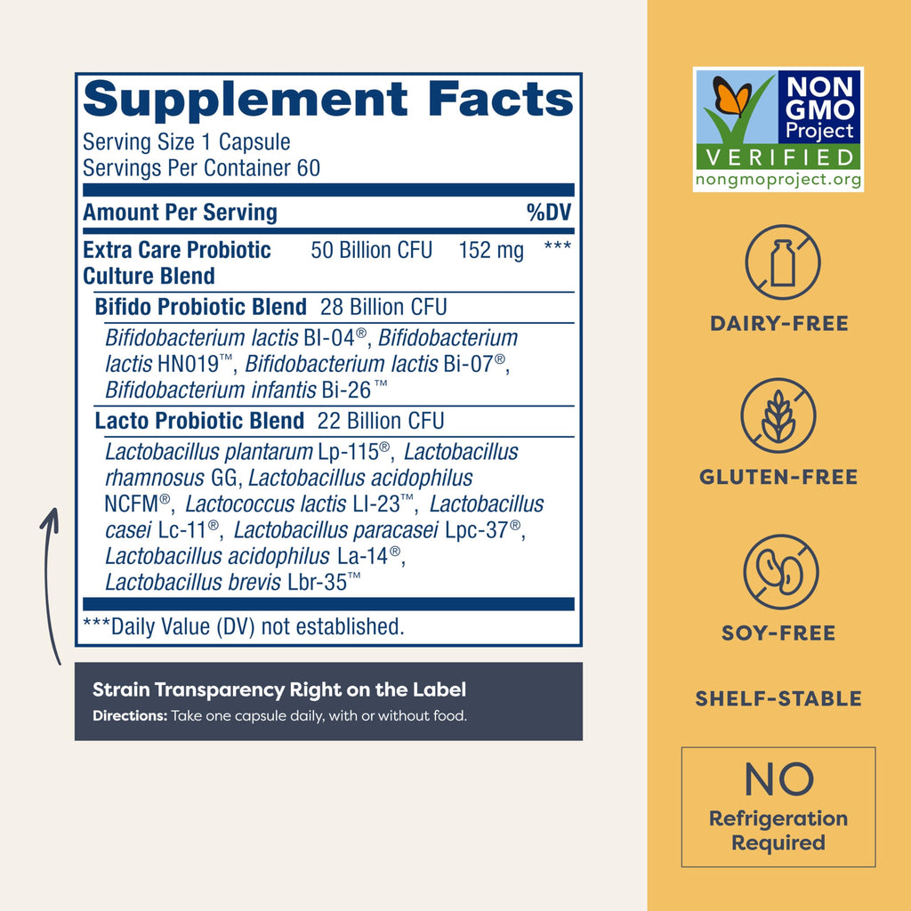 Renew Life Extra Care Digestive Probiotic Capsules, 50 Billion CFU Guaranteed, Daily Supplement Supports Immune, Digestive, Respiratory Health(1), L. Rhamnosus GG