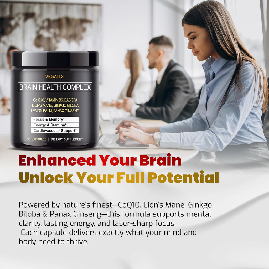 VEGATOT Brain Booster Brain Health Complex Supplement Concentrated with CoQ-10 VIT B6 Lion's Mane Ginkgo Biloba Lemon Balm Ginseng