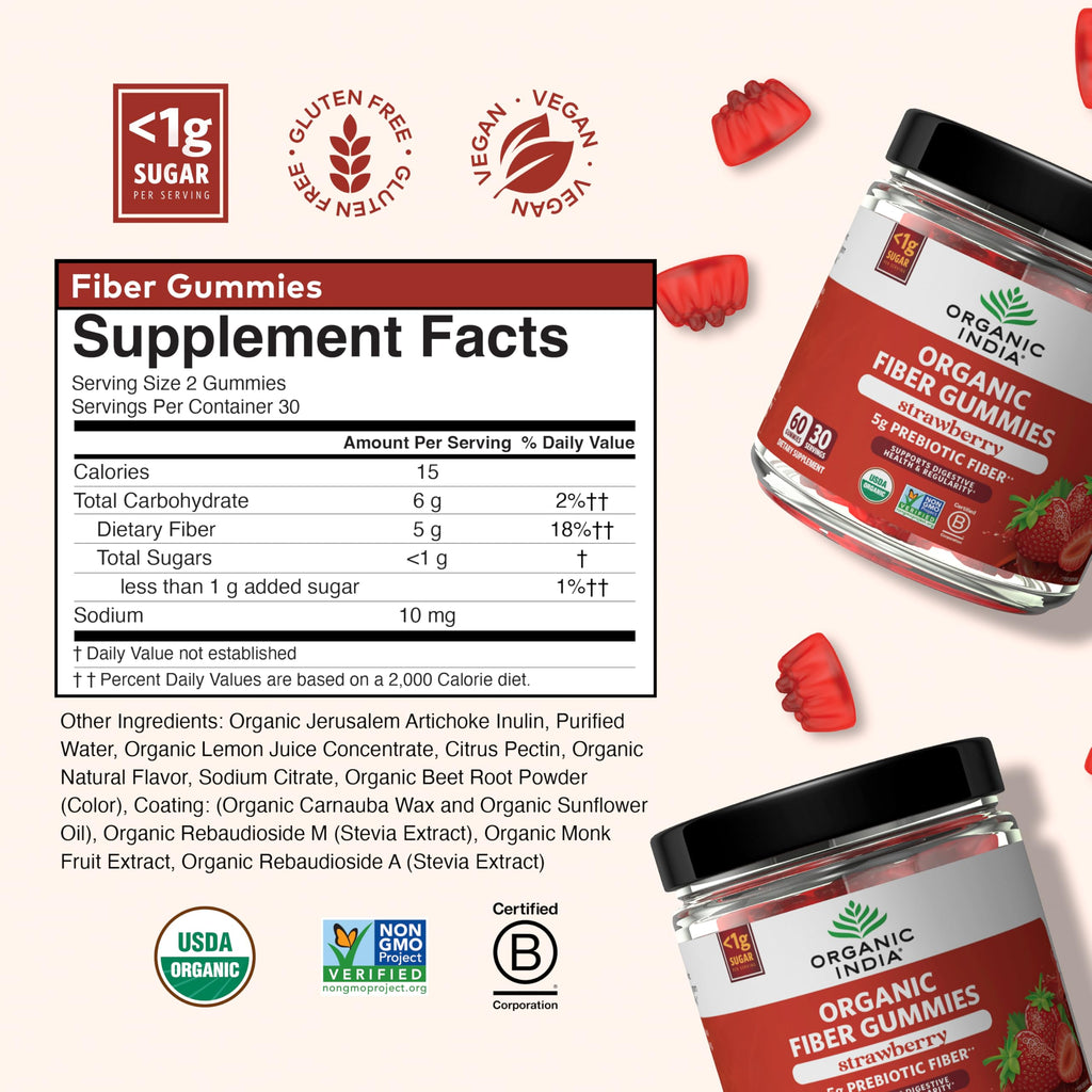ORGANIC INDIA Fiber Gummies for Adults - Prebiotic Fiber, Dietary Supplement, Digestive Health for Men & Women, Vegan, Low Sugar