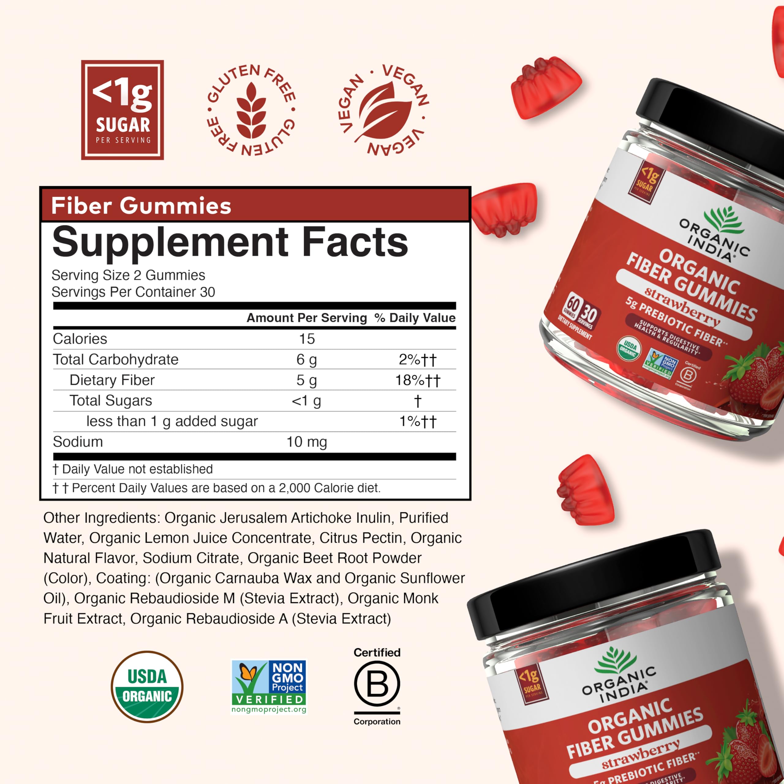 ORGANIC INDIA Fiber Gummies for Adults - Prebiotic Fiber, Dietary Supplement, Digestive Health for Men & Women, Vegan, Low Sugar