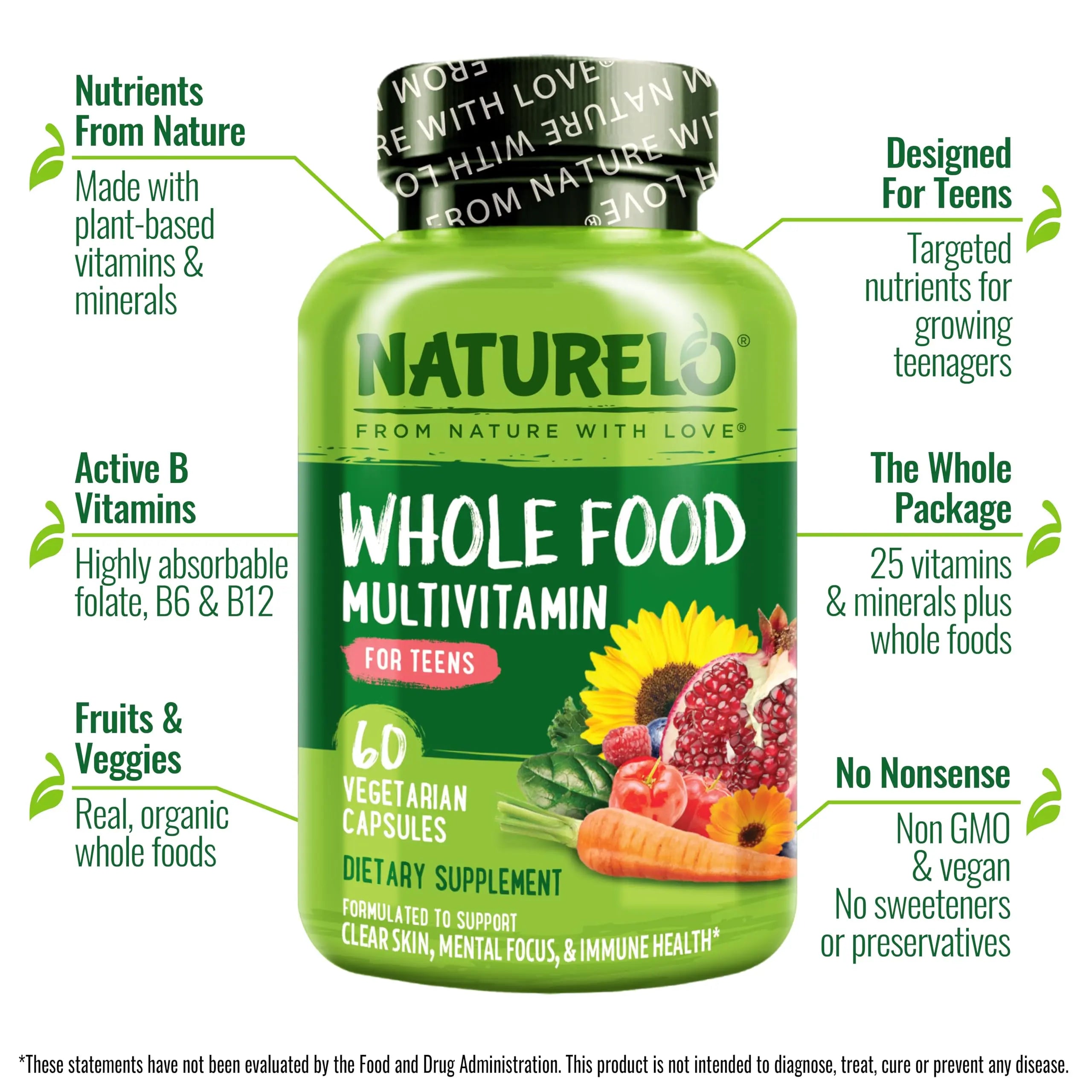 NATURELO Multivitamins for Teenage Girls/Boys, 60 Capsules, Whole Food Multivitamin with Minerals, Non-GMO, Vegetarian NATURELO Au supplements