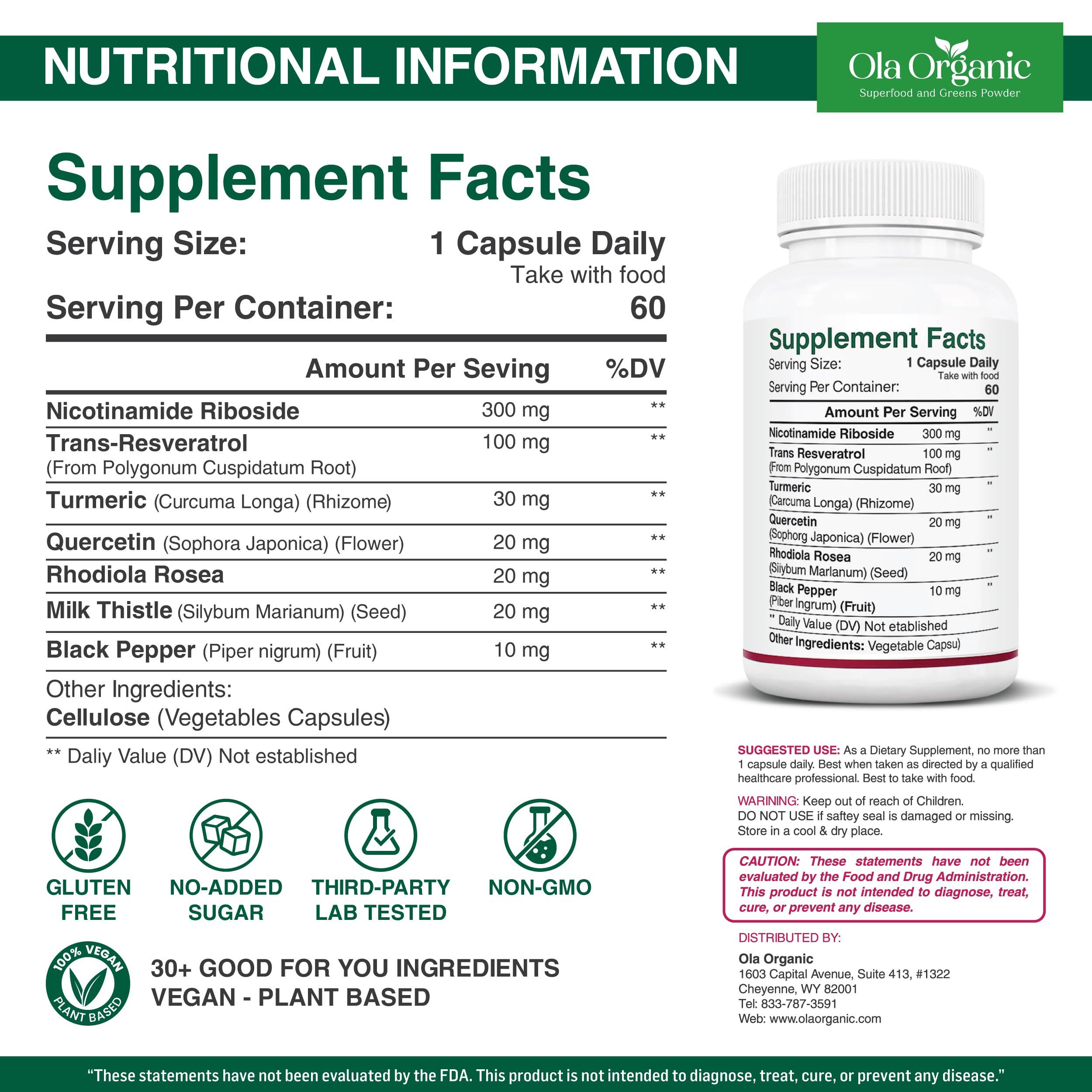 NAD+ Supplement & NAD Booster for Cellular Energy and Healthy Aging – Plant-Based Nicotinamide Riboside (NR) NAD Precursor with Resveratrol, Turmeric, Quercetin, Rhodiola & Milk Thistle – 60 Capsules Ola Organic Au supplements