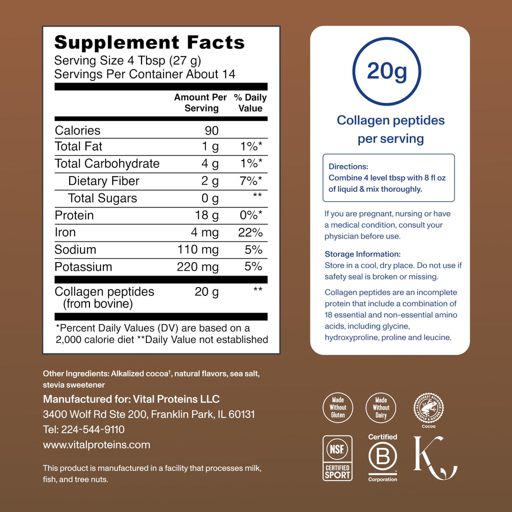Vital Proteins Collagen Peptides Powder - Chocolate Powder for Hair, Nail, Skin, Bone & Joint Health, 13.5oz