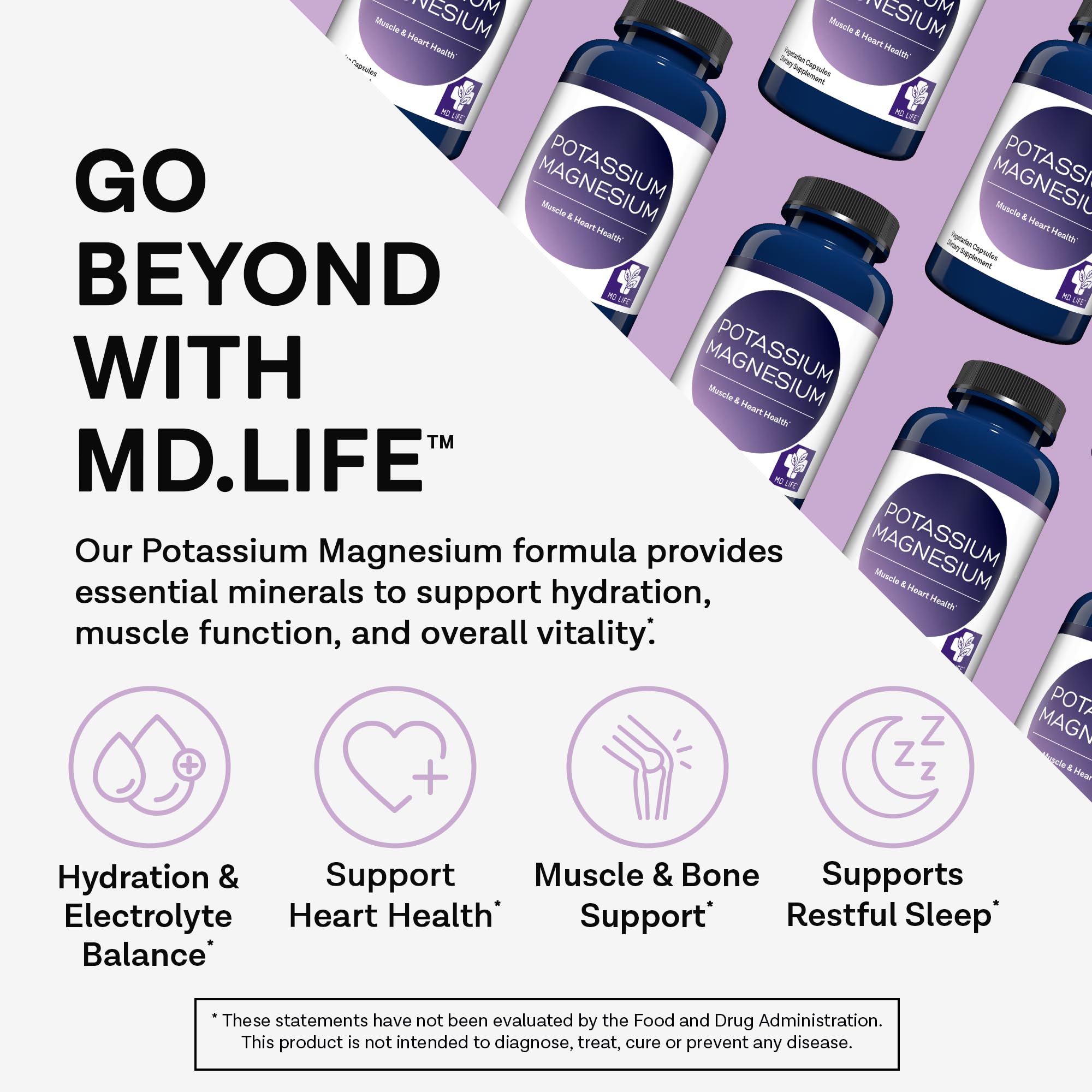 MD. Life Potassium Magnesium Supplement - 90 Capsules - Magnesium Potassium Supplement - High Absorption Complex