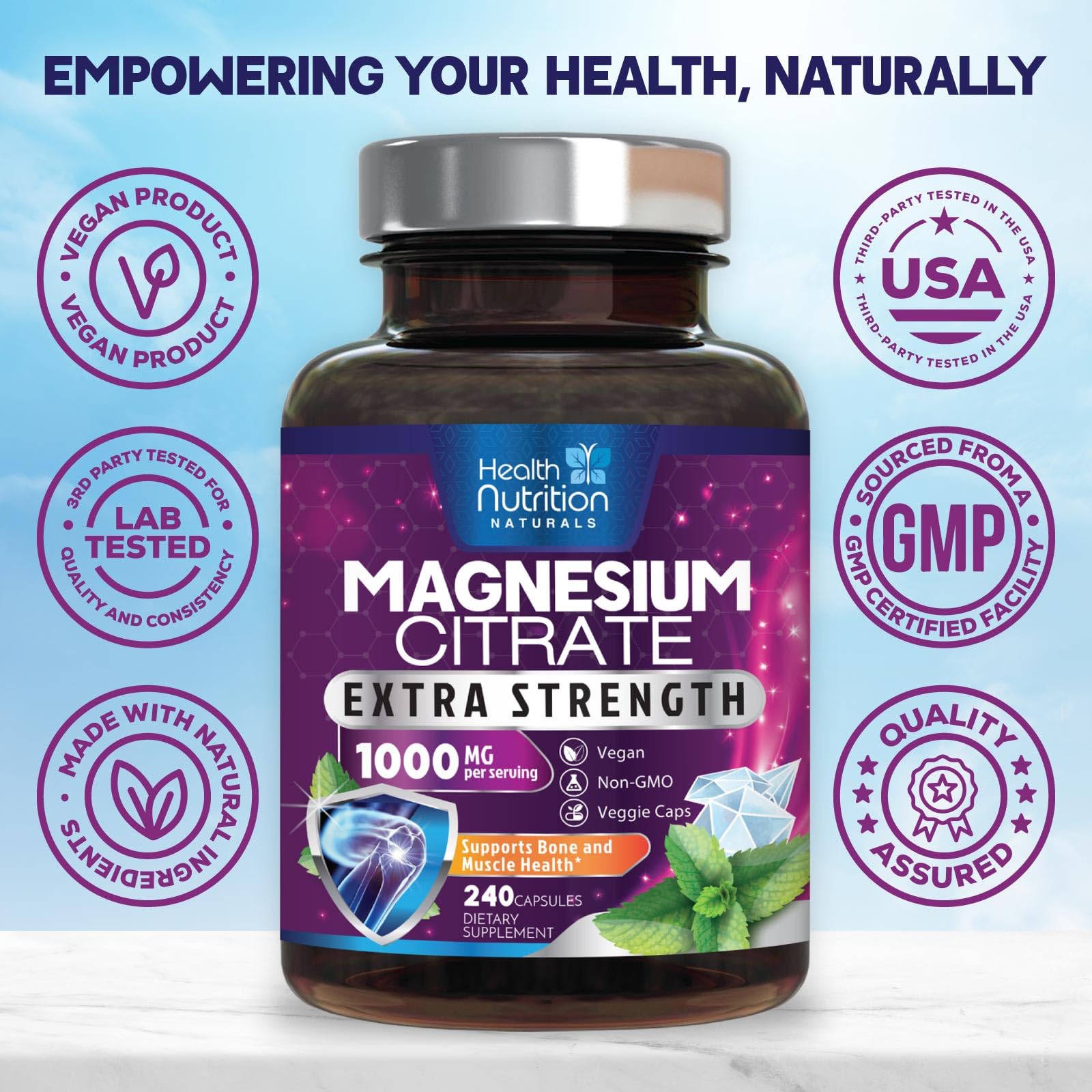 Magnesium Citrate 1000mg Per Serving - Max Absorption Magnesium Powder Capsules for Muscle, Nerve, Bone and Heart Health Support, High Absorption Citrate Complex