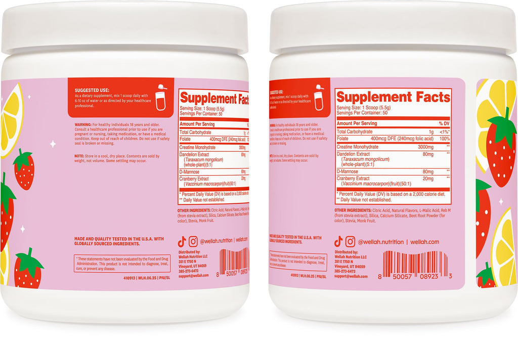 Wellah Creatine for Women - Creatine Monohydrate with Dandelion & Cranberry Extract (50 Servings, Strawberry Lemonade)