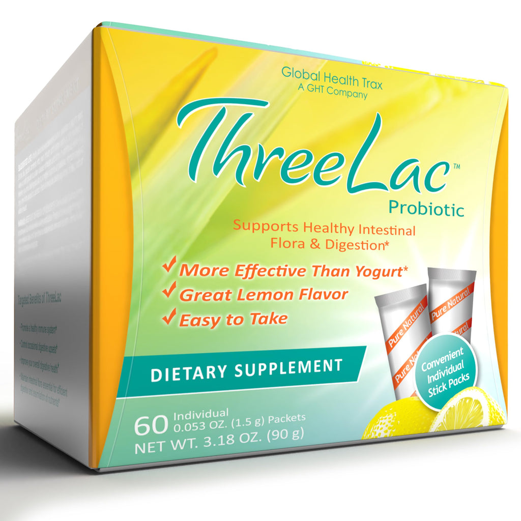 Global Health Trax GHT - ThreeLac Lemon Probiotic Drink Mix for Digestive Health - Advanced Probiotic Powder Formula for Men, Women & Kids - Immune Support & Gut Balance, Non-GMO - 60 Packets ght Global Health Trax Au supplements
