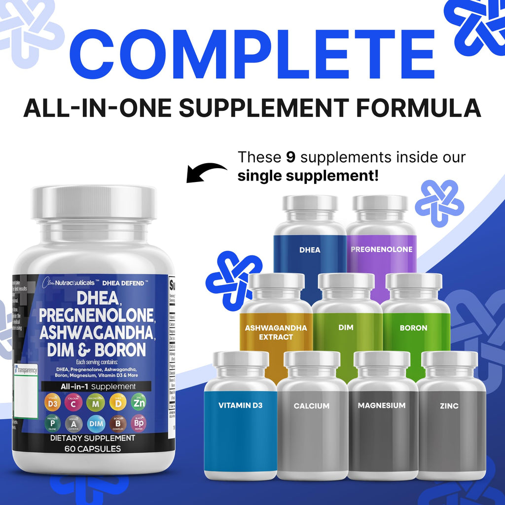 DHEA 200mg Supplement Pregnenolone 100mg for Men & Women with DIM Ashwagandha Boron 6mg Complex Calcium Magnesium Zinc 50mg Vitamin D3 5000 iu Hormone Support Capsules Pills - Made in USA 60 Ct Clean Nutraceuticals Au supplements